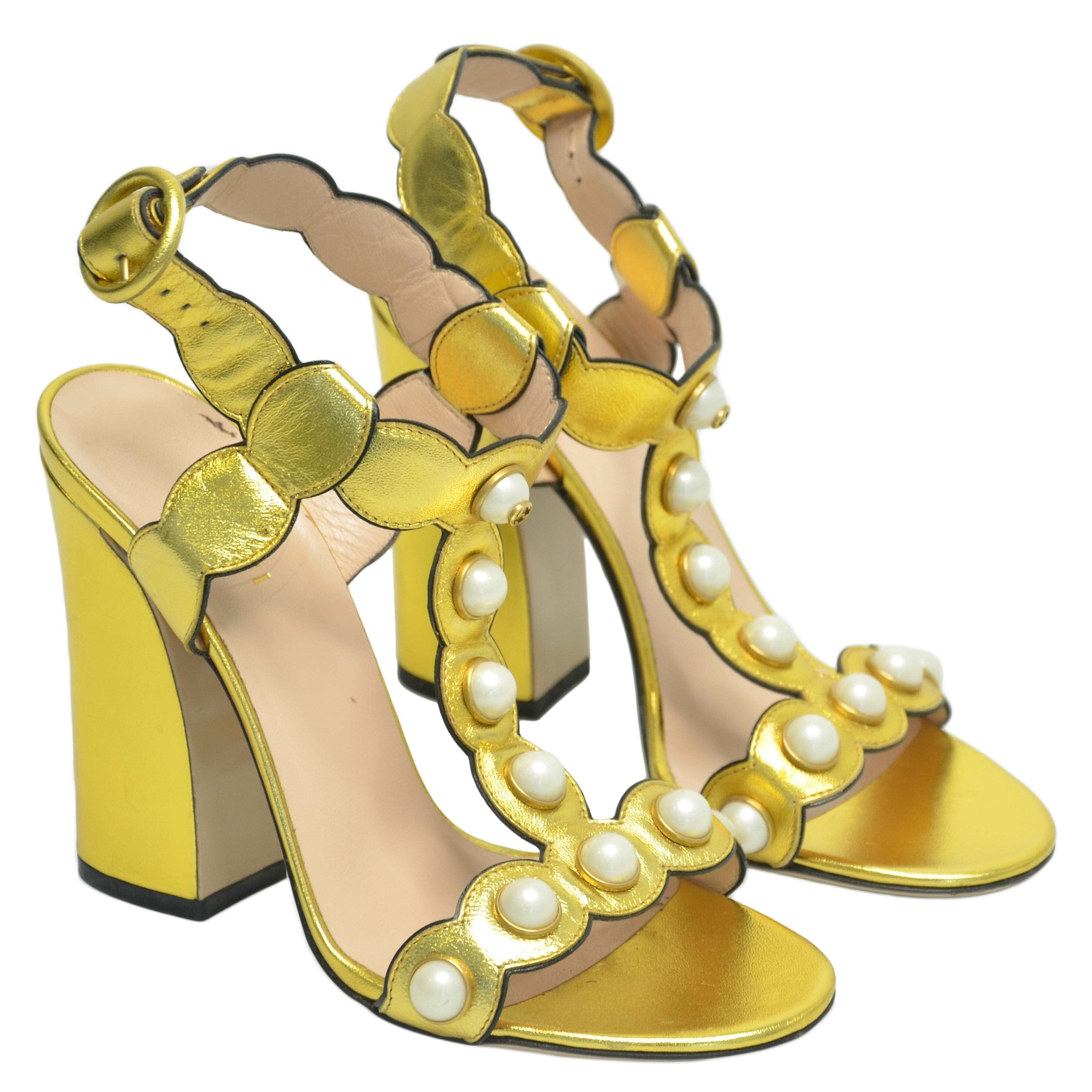 Gold Pearl Embellished Willow T Strap Sandals