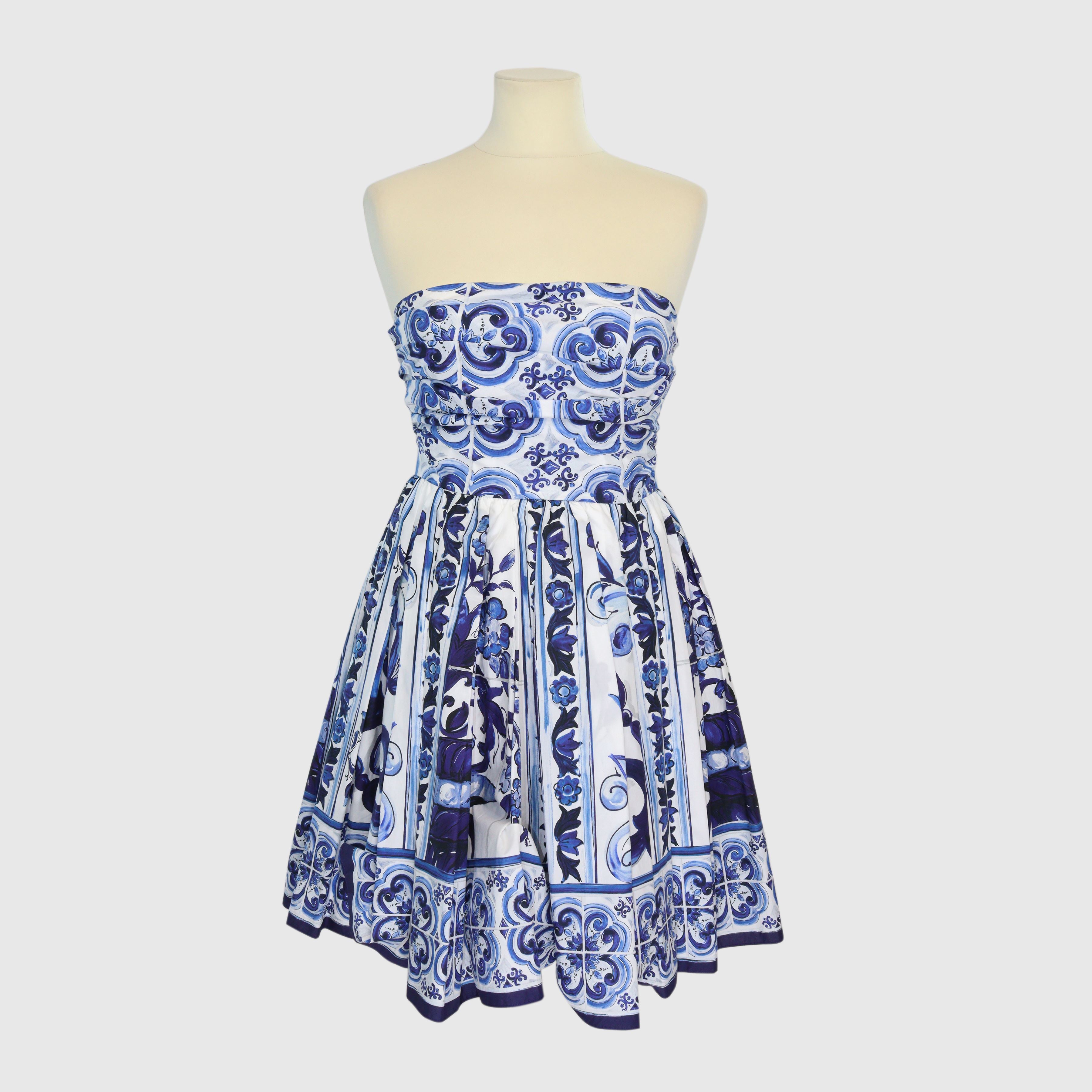 Blue/White Majolica Printed Strapless Poplin Mini Dress Dress Dolce & Gabbana 