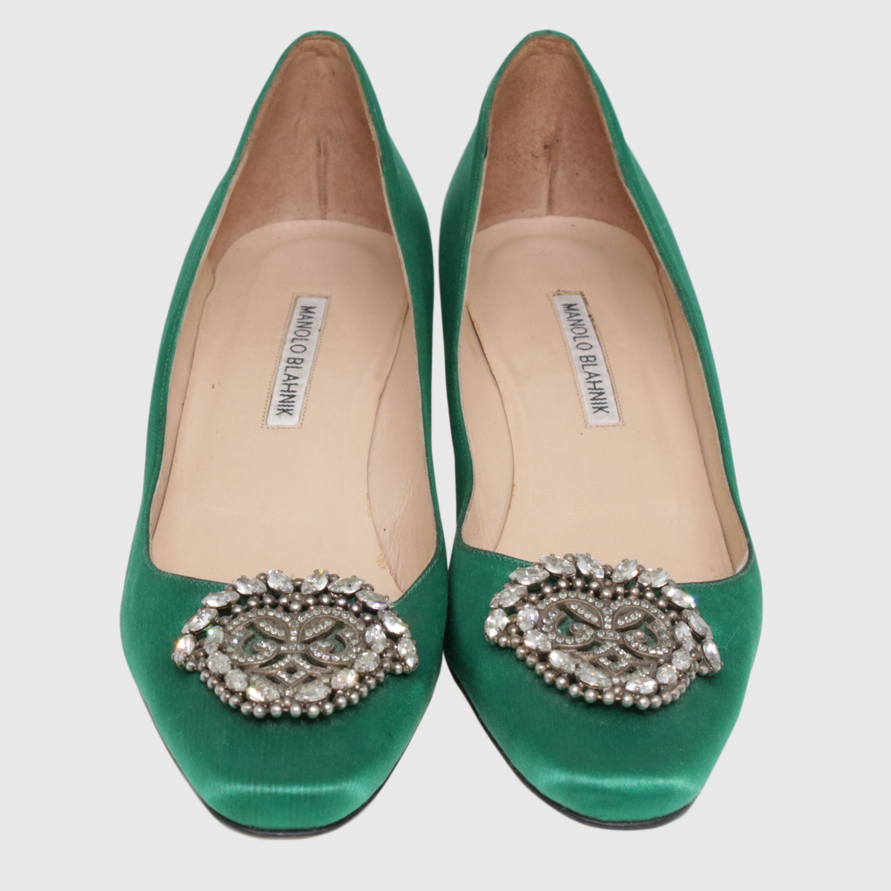 Emerald Green Okkato Crystal Embellished Block Heel Pumps Shoes Manolo Blahnik 