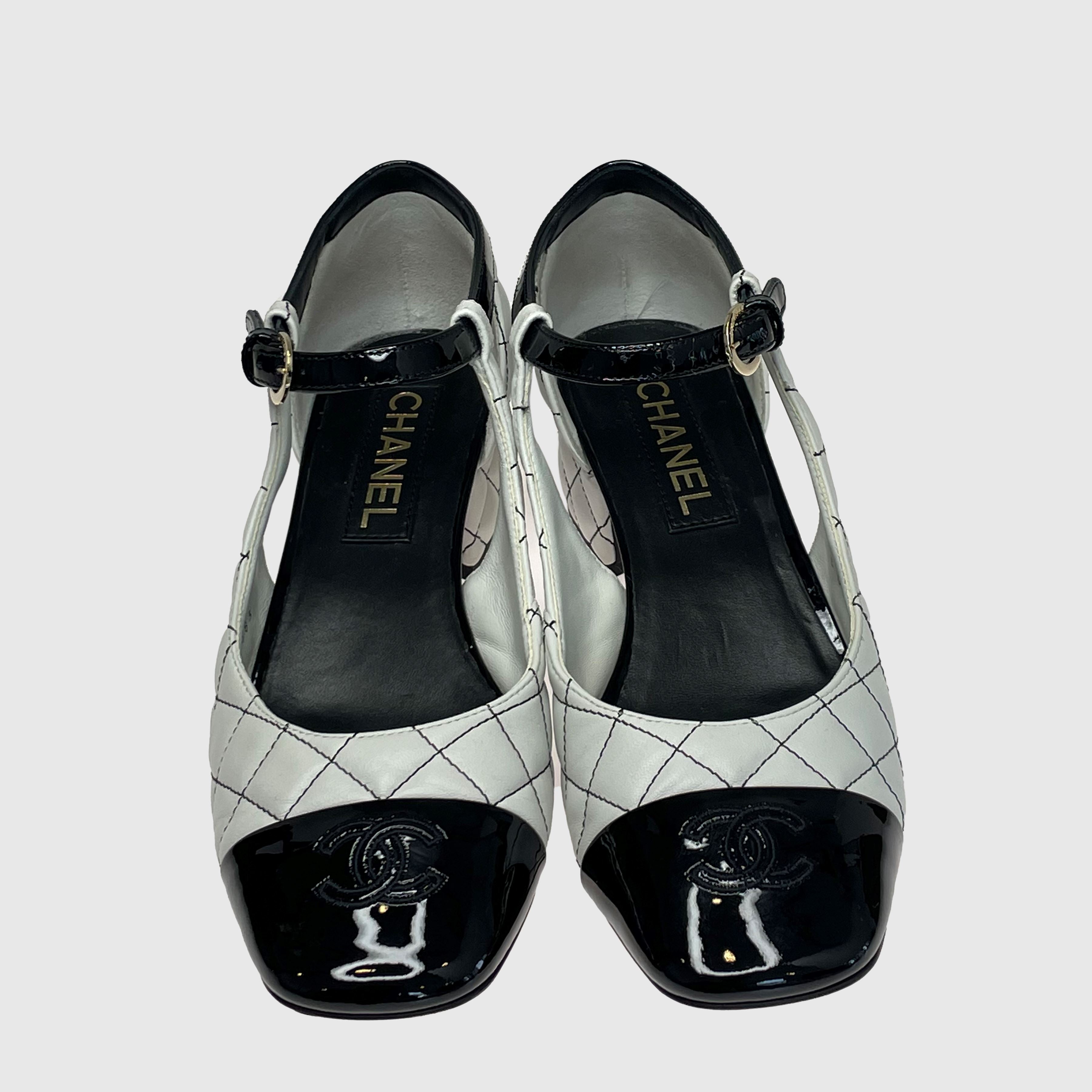 White/Black Quilted Ankle Strap Pumps Shoes Chanel