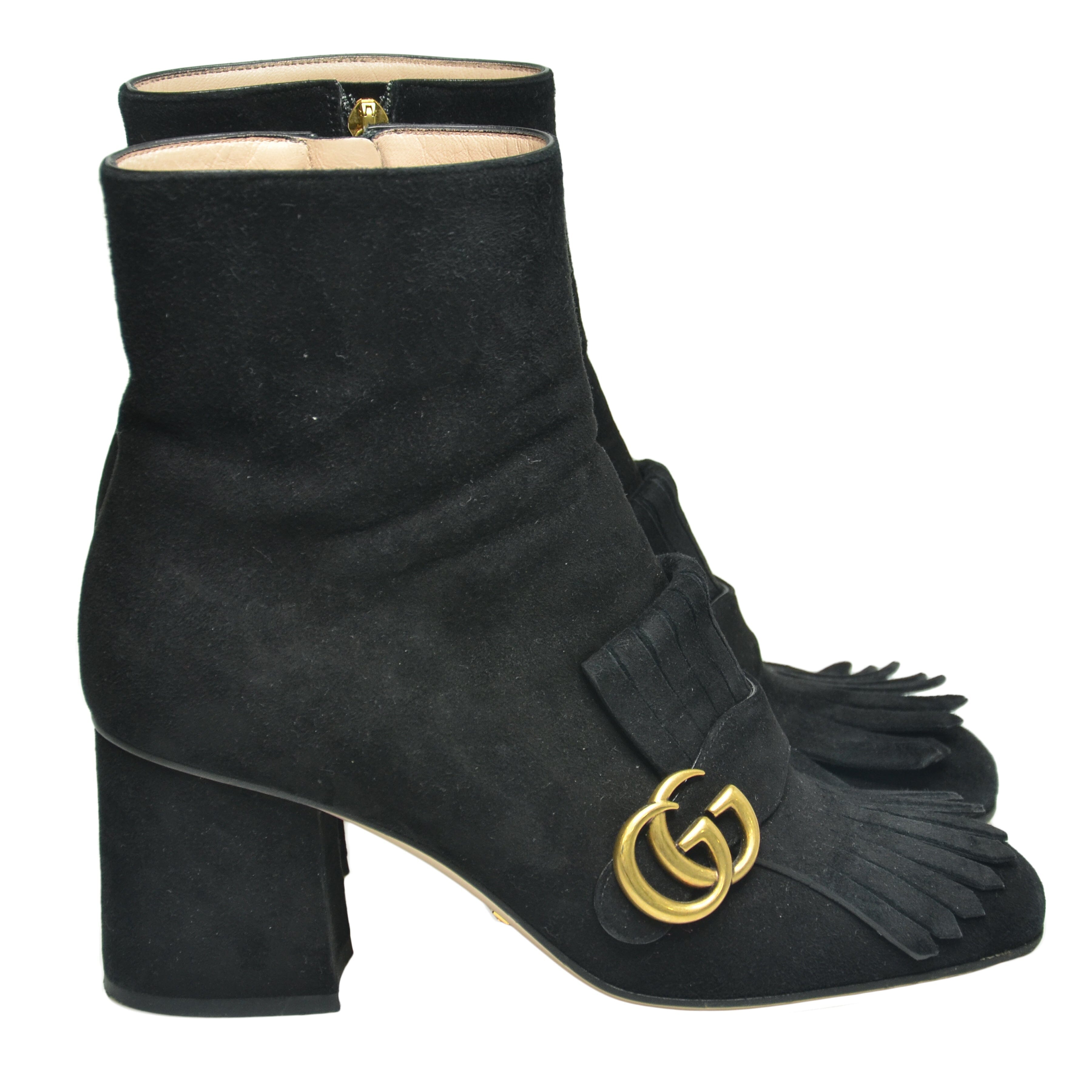 Black GG Marmont Fringe Detail Ankle Boots Shoes Gucci