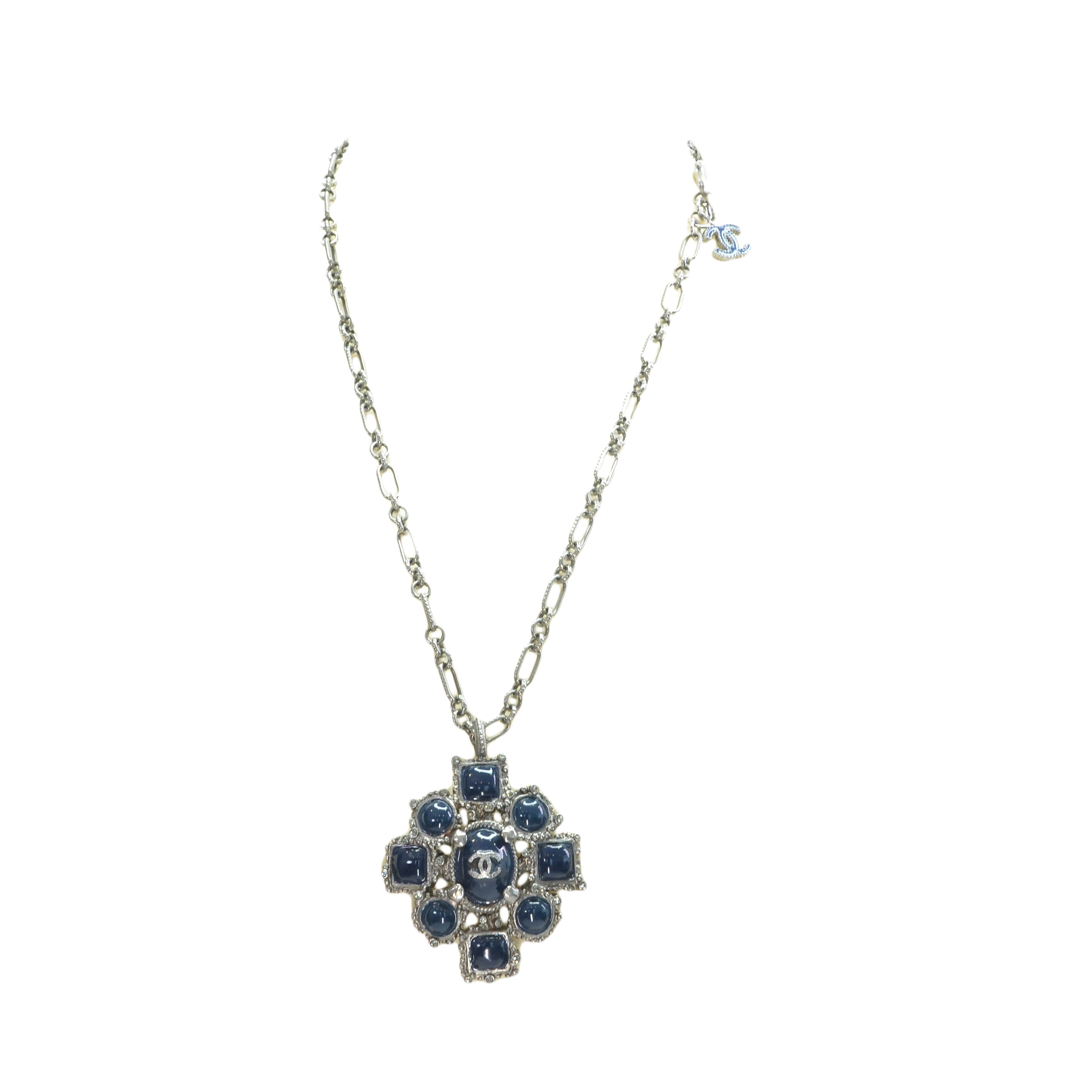 Blue/Oxidized Silver Vintage Enamel Necklace Accessories Chanel