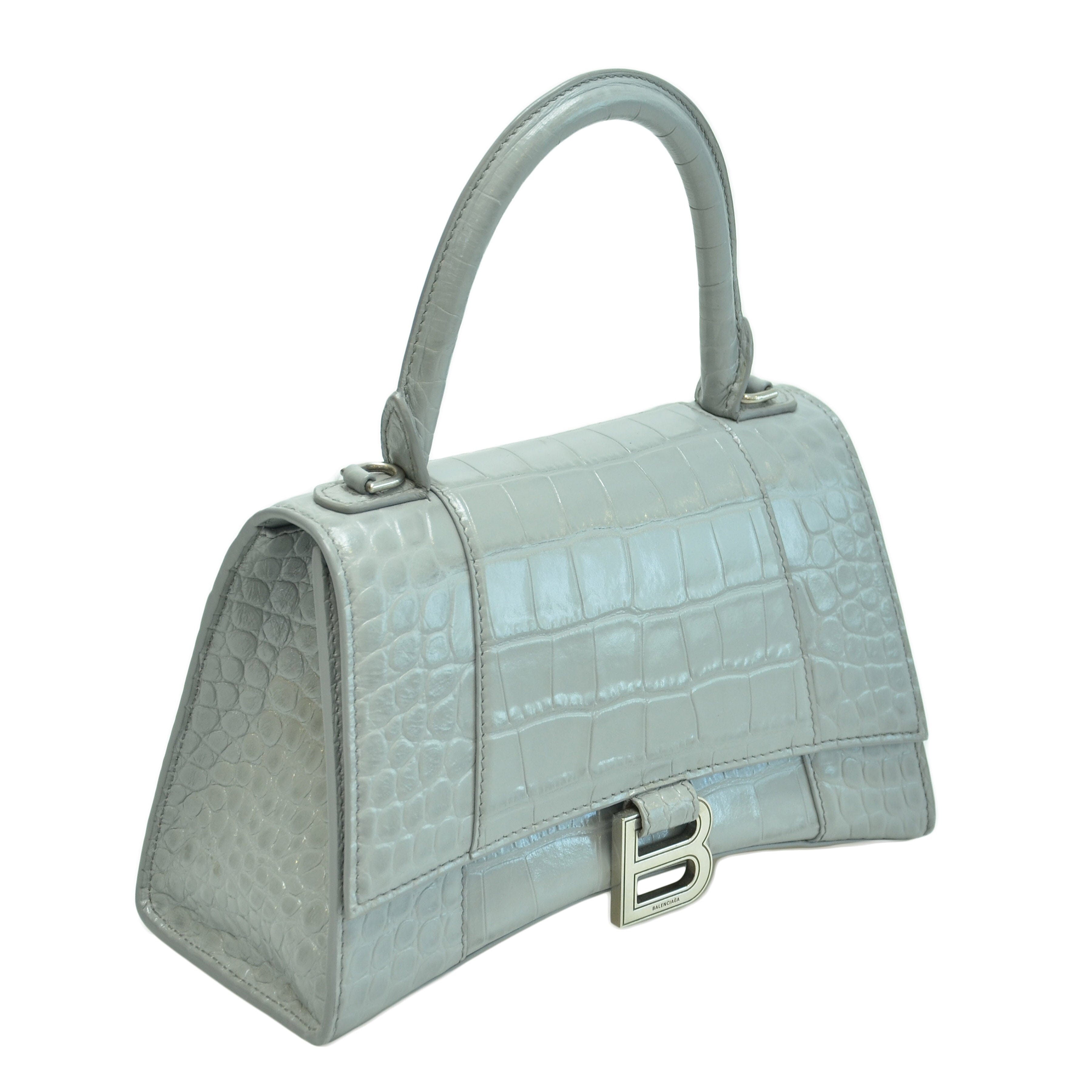 Grey Hourglass XS Croc Embossed Top Handle Bag Bag Balenciaga