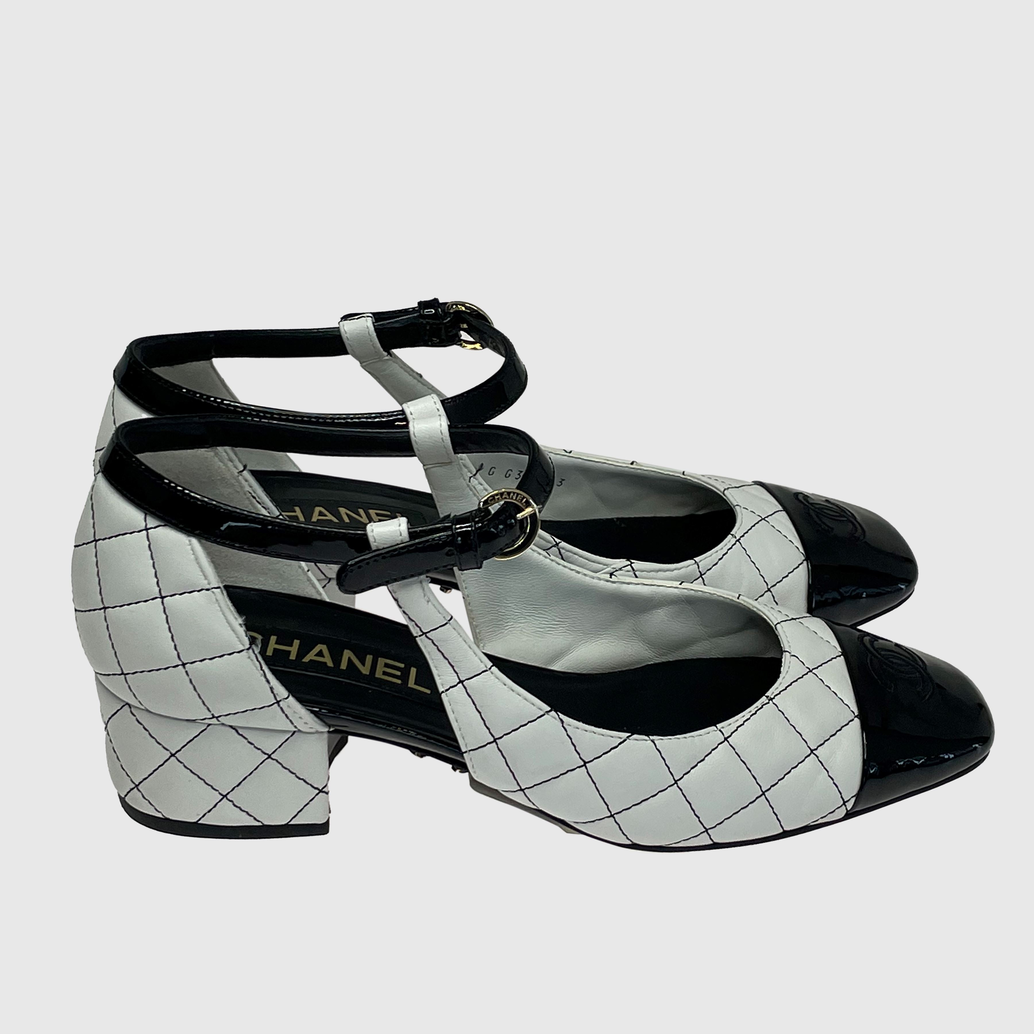 White/Black Quilted Ankle Strap Pumps Shoes Chanel