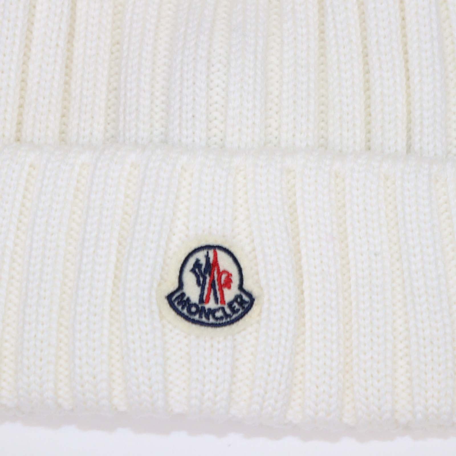 Moncler White Wool and Fur Pom Pom Ribbed Knit Beanie