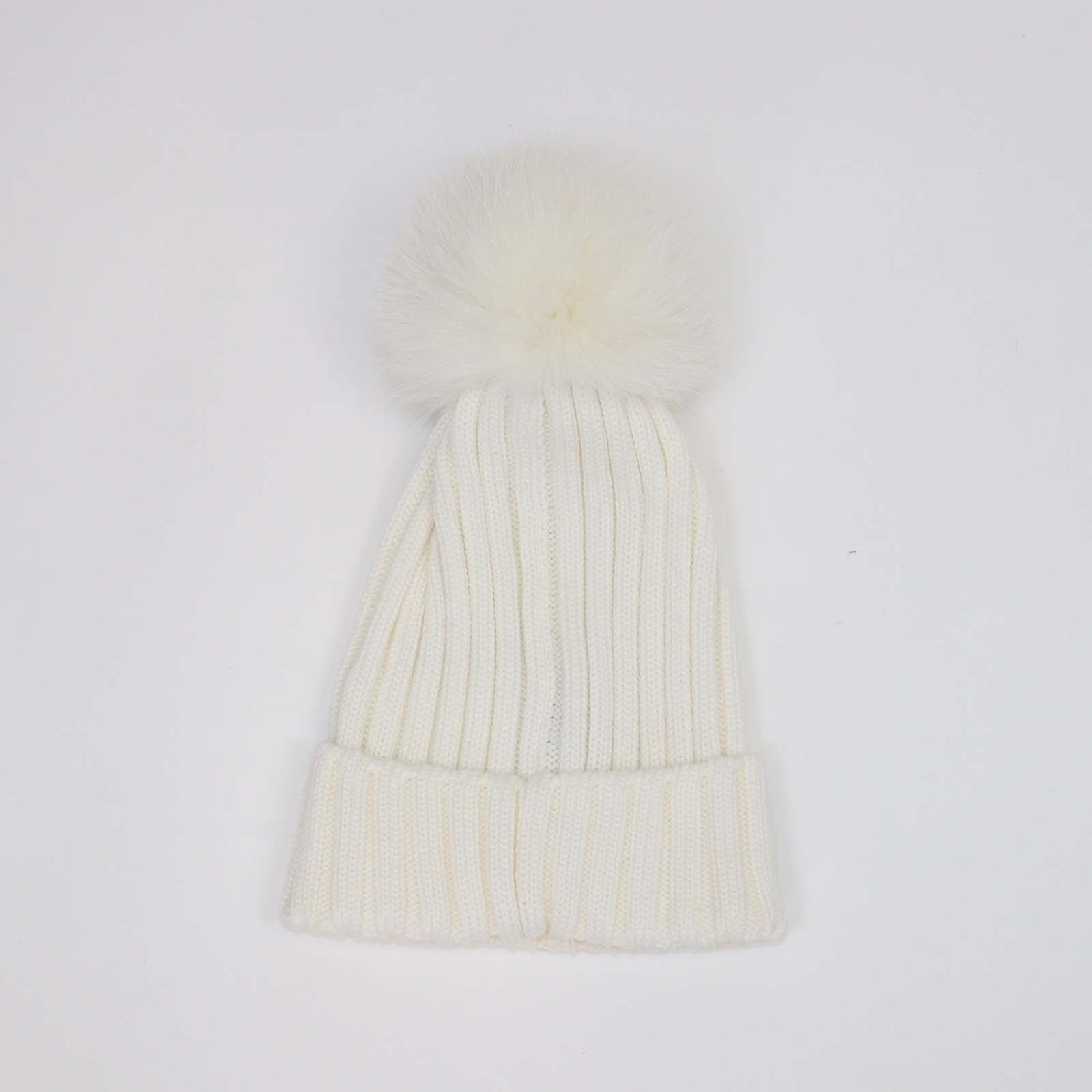 Moncler White Wool and Fur Pom Pom Ribbed Knit Beanie