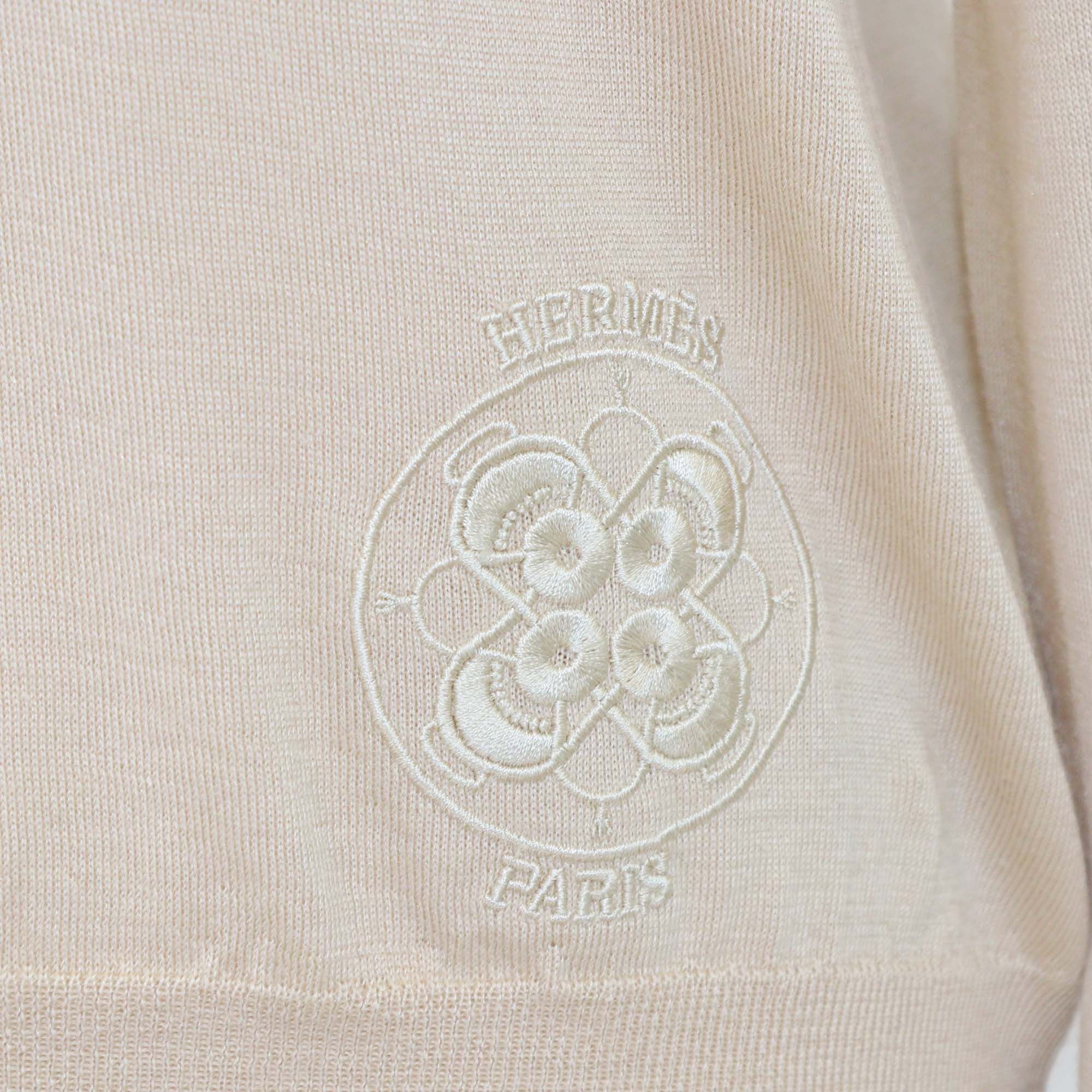 Hermes Beige Cashmere Silk Blend Logo Embroidered Long Sleeve Sweater