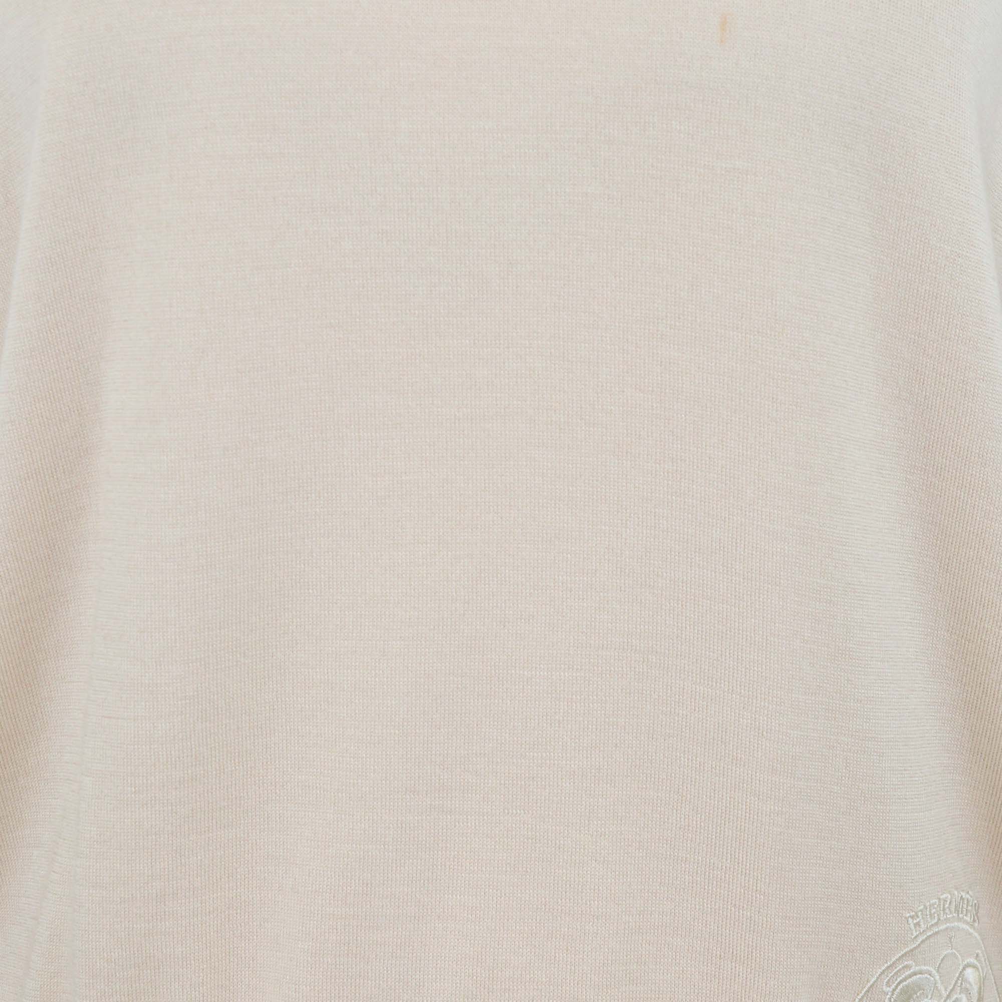 Hermes Beige Cashmere Silk Blend Logo Embroidered Long Sleeve Sweater