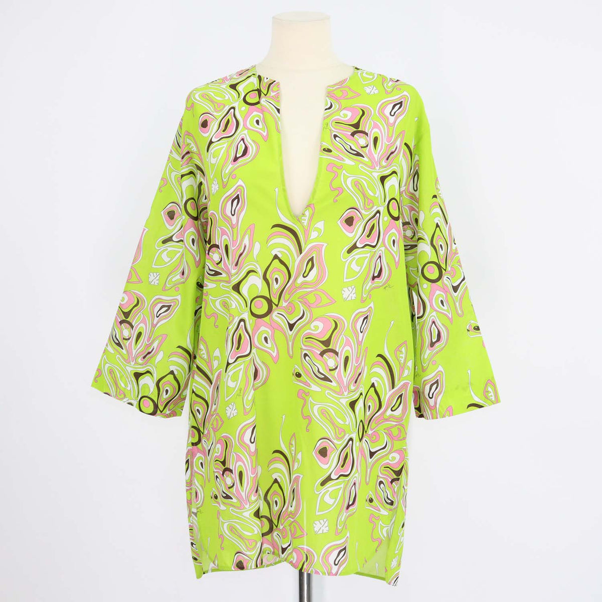 Emilio Pucci Green Blend Cotton Paisley Print V Neck Three Quarter Sleeve Mini Dress