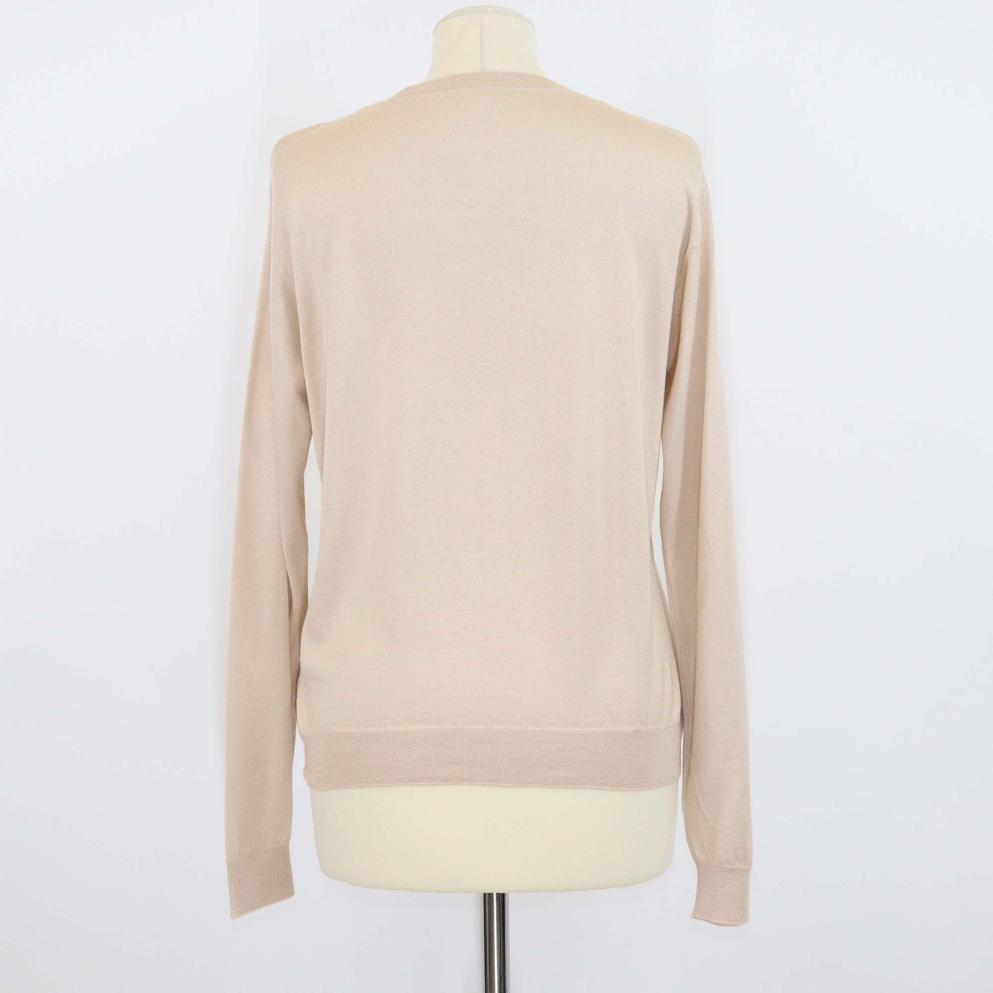 Hermes Beige Cashmere Silk Blend Logo Embroidered Long Sleeve Sweater