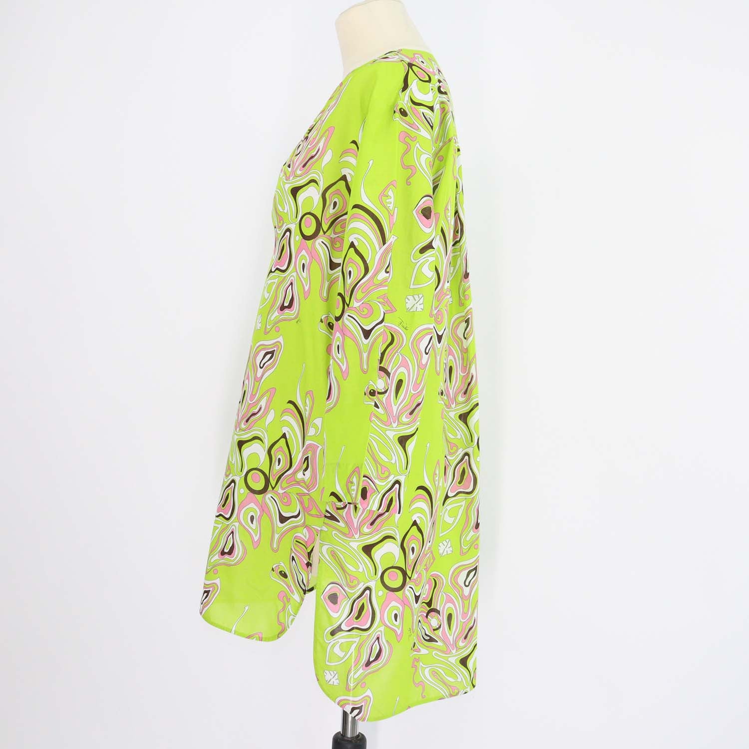 Emilio Pucci Green Blend Cotton Paisley Print V Neck Three Quarter Sleeve Mini Dress