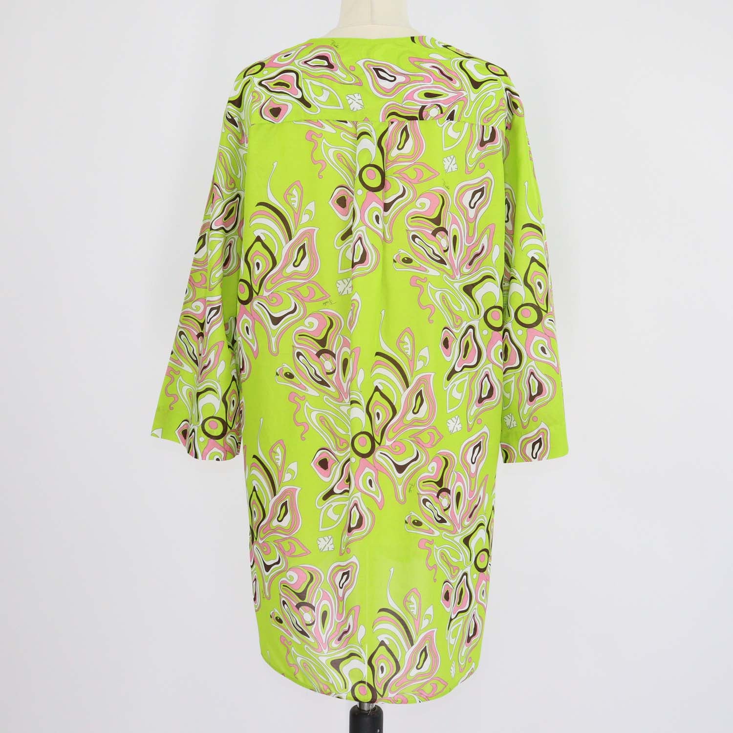 Emilio Pucci Green Blend Cotton Paisley Print V Neck Three Quarter Sleeve Mini Dress