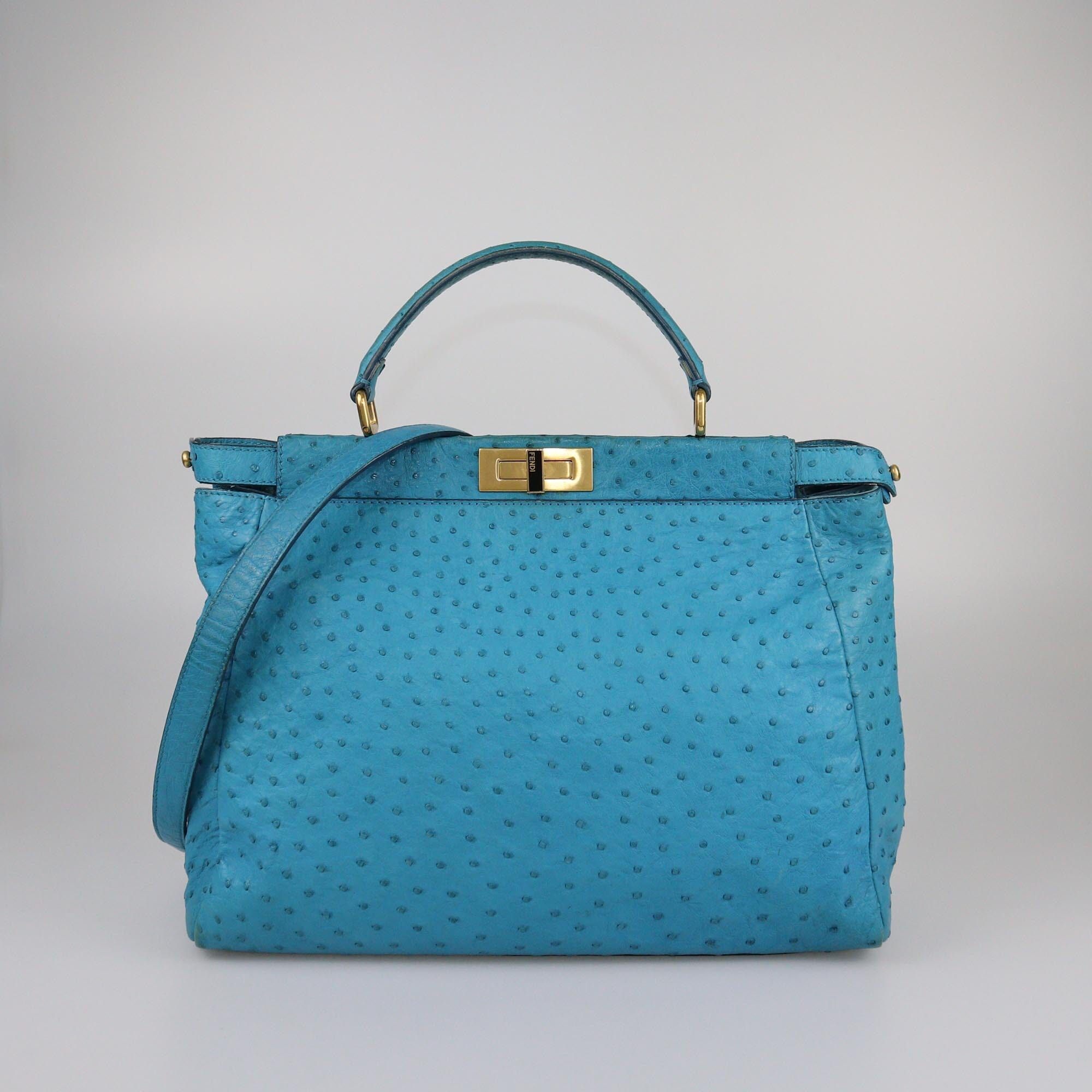 Fendi Aqua Blue Ostrich Large Peekaboo Top Handle Bag Womens Fendi
