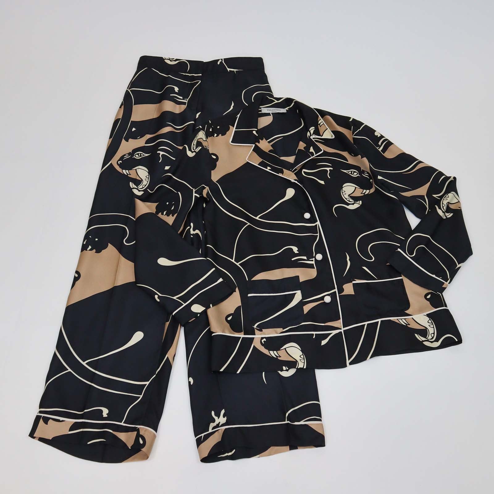 Valentino Black Silk Panther Print Button Front Pajama Shirt and Pants Set