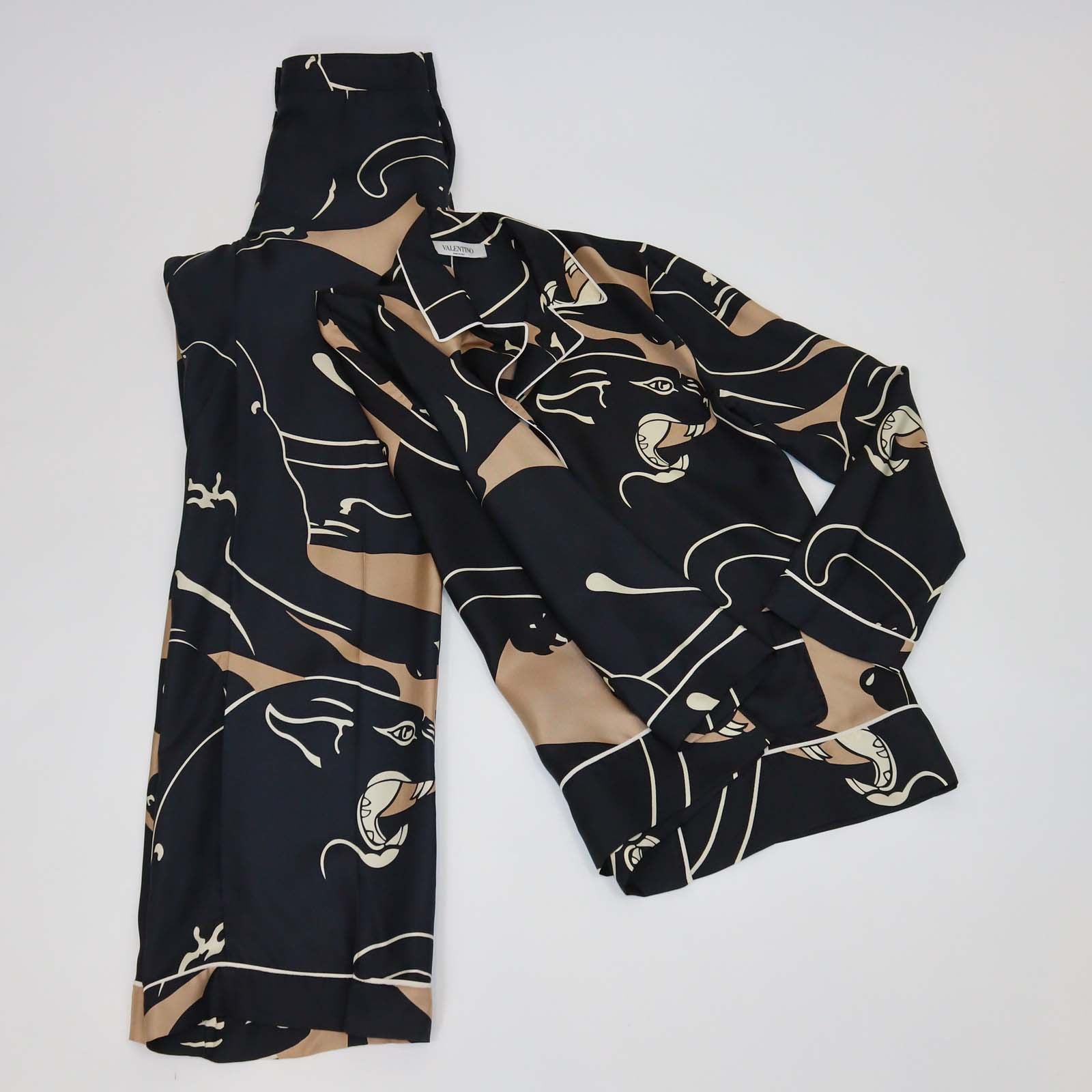 Valentino Black Silk Panther Print Button Front Pajama Shirt and Pants Set