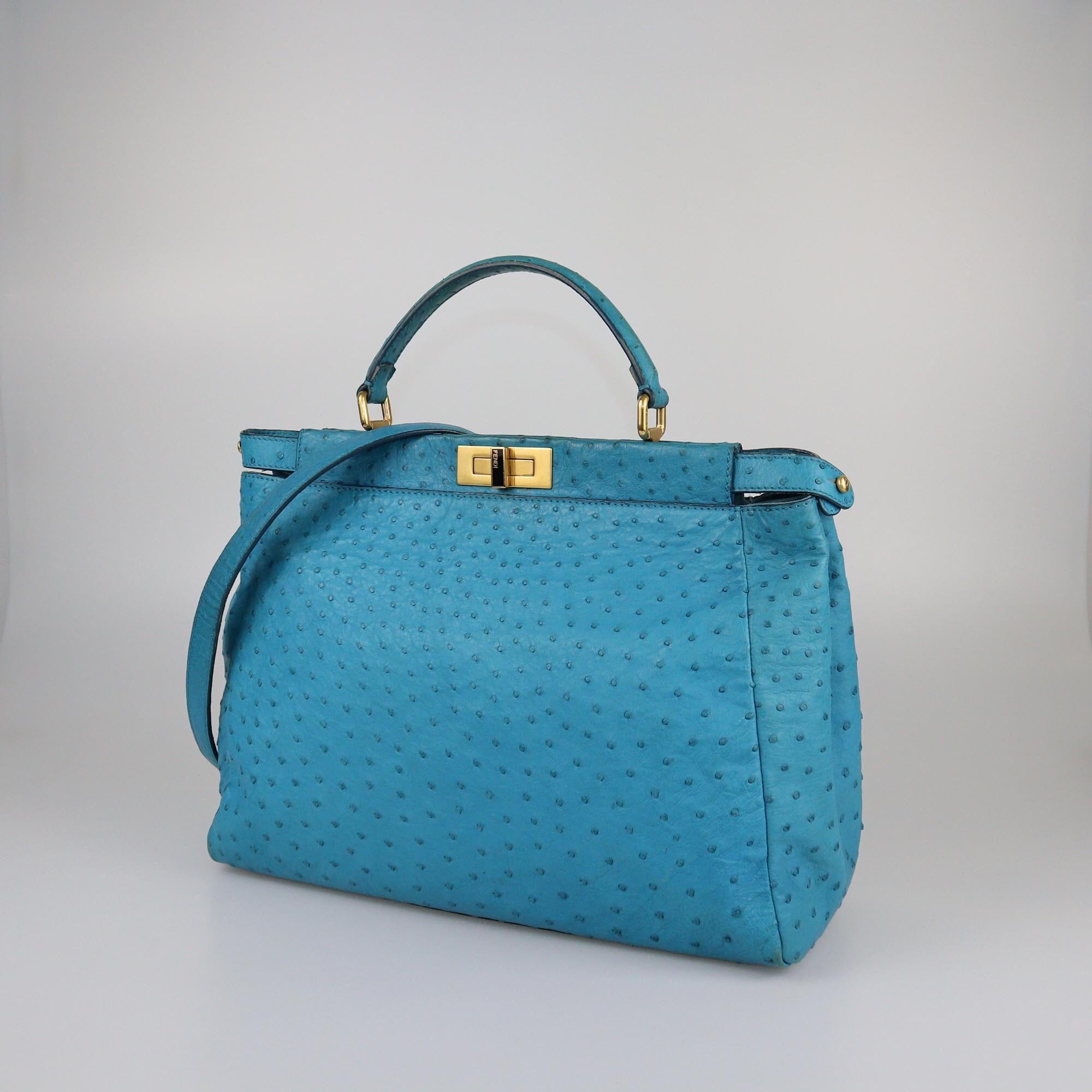 Fendi Aqua Blue Ostrich Large Peekaboo Top Handle Bag Womens Fendi