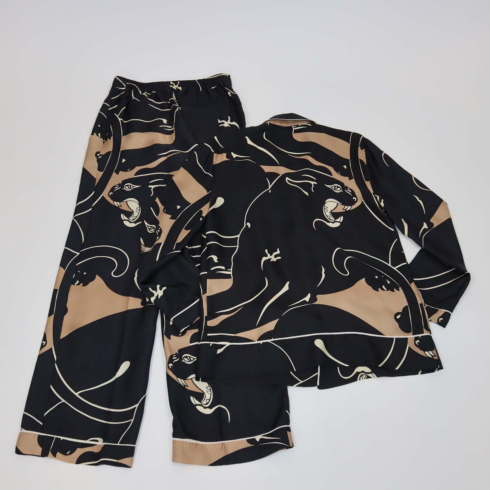 Valentino Black Silk Panther Print Button Front Pajama Shirt and Pants Set