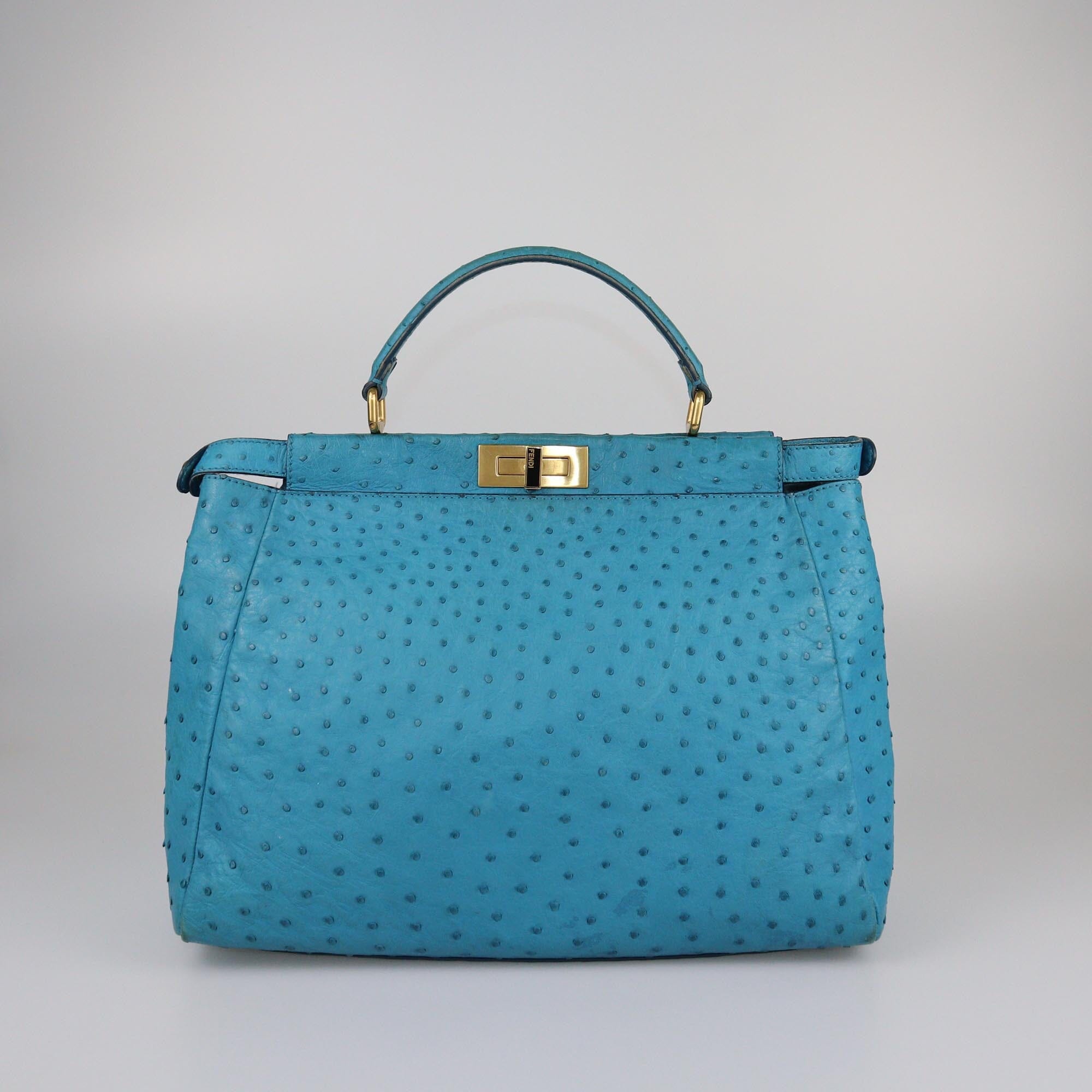 Fendi Aqua Blue Ostrich Large Peekaboo Top Handle Bag Womens Fendi