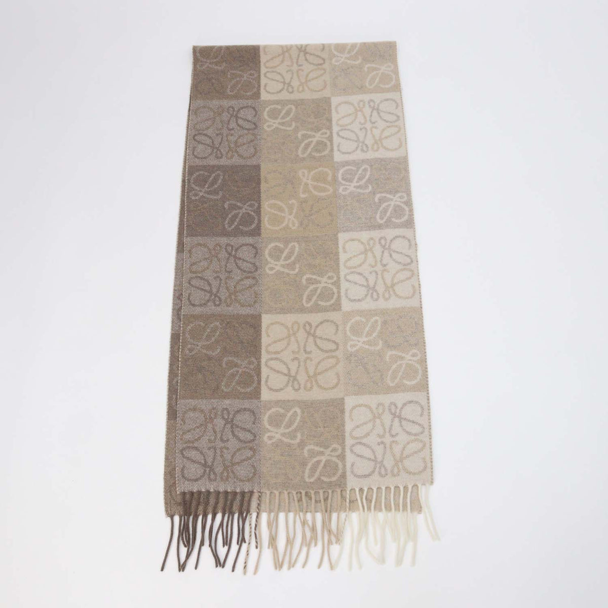 Loewe Beige Anagram Wool and Cashmere Fringe Scarf