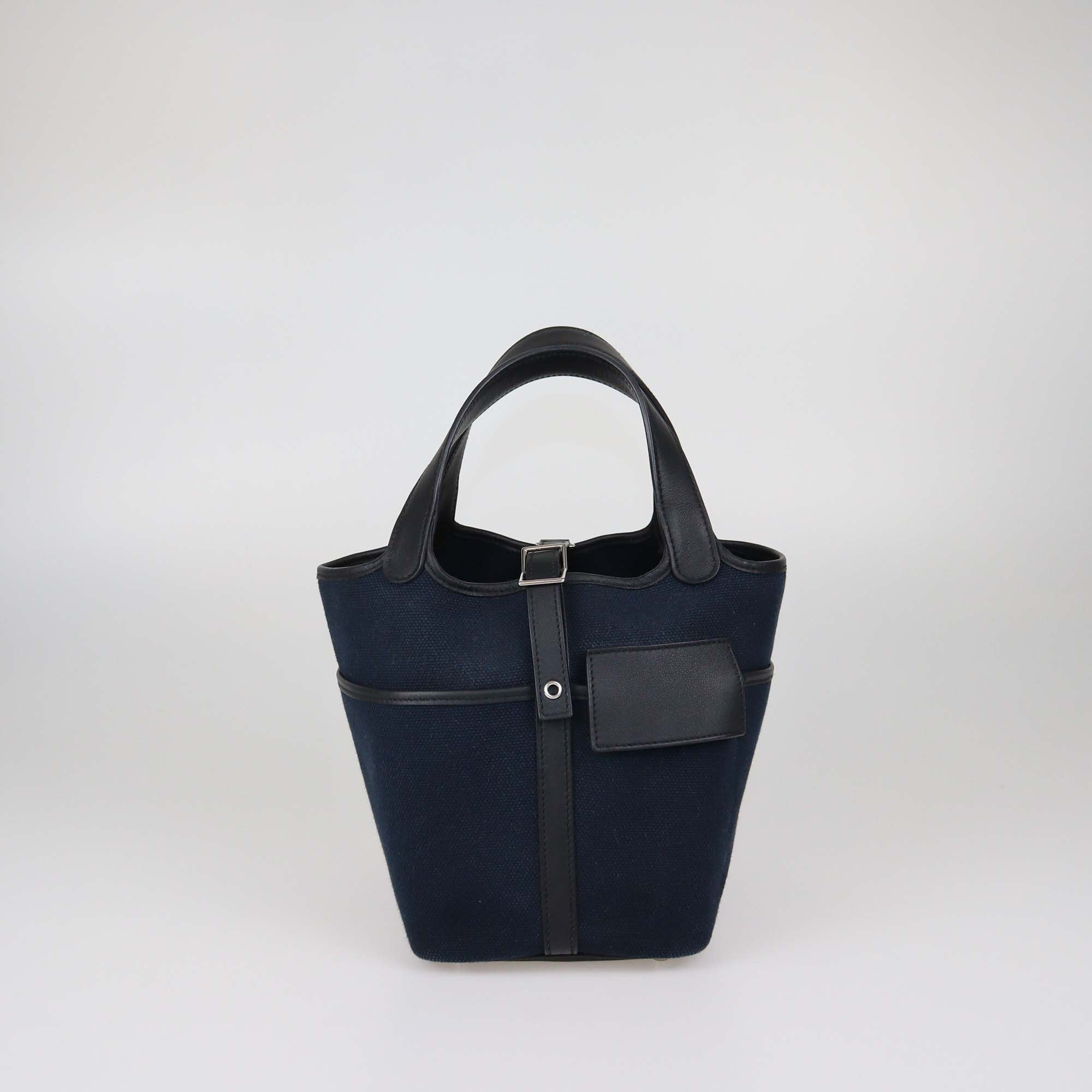 Hermes Black/Blue Marine Toile Goeland and Swift Leather Pockets Picotin Lock 18 Bag