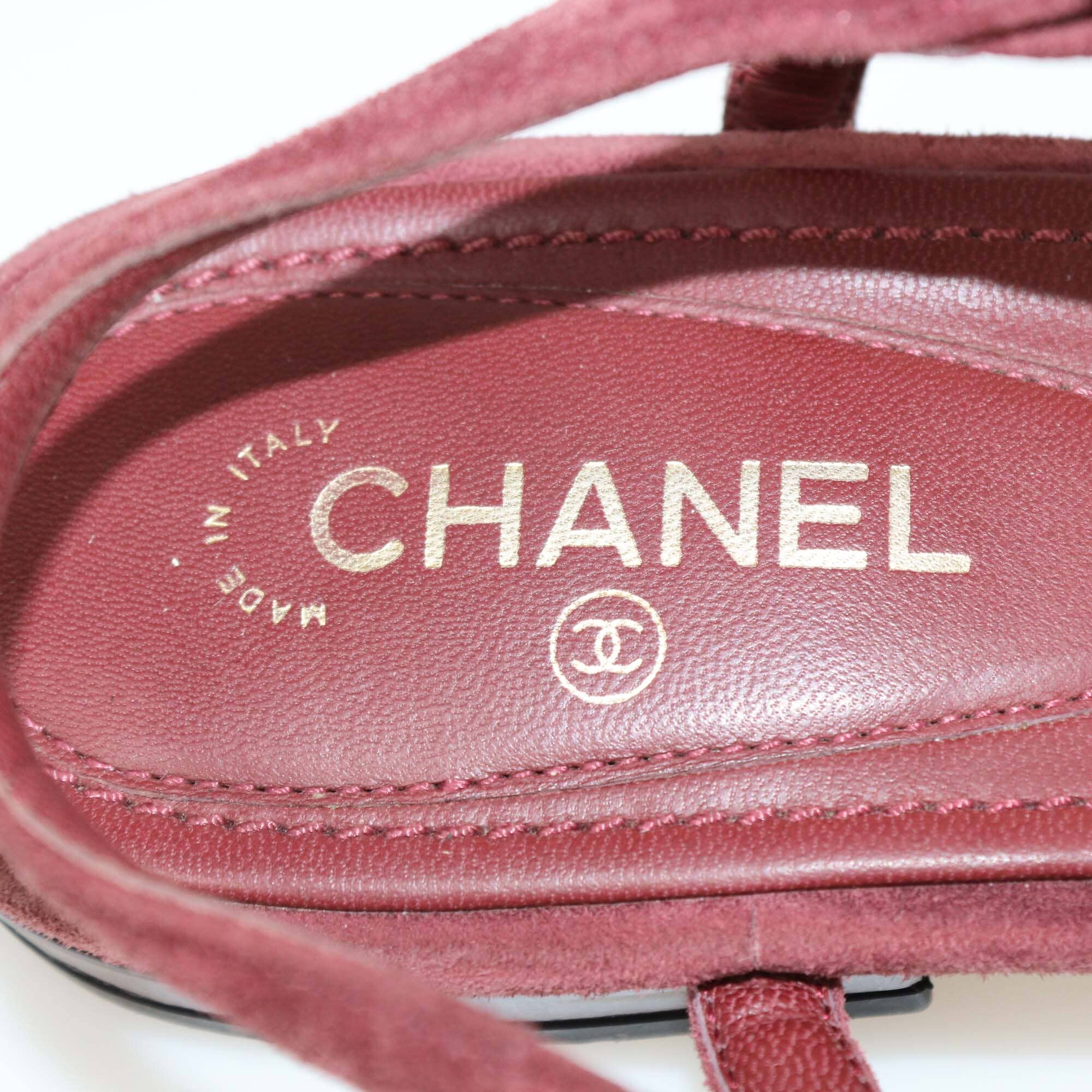Chanel Burgundy Suede Leather CC Camellia Flat Thong Sandals Womens Chanel