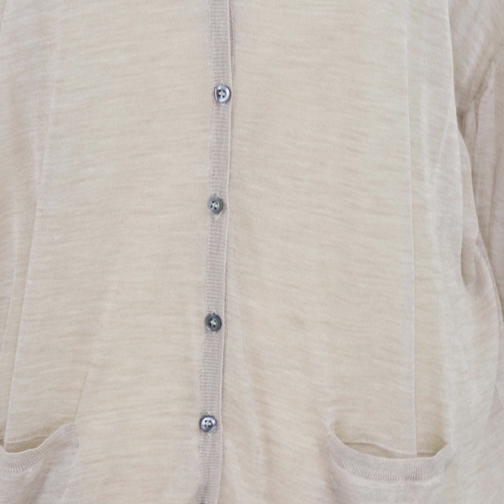 Prada Beige Wool Silk Blend Ribbed Knit Logo Embroidered Cardigan