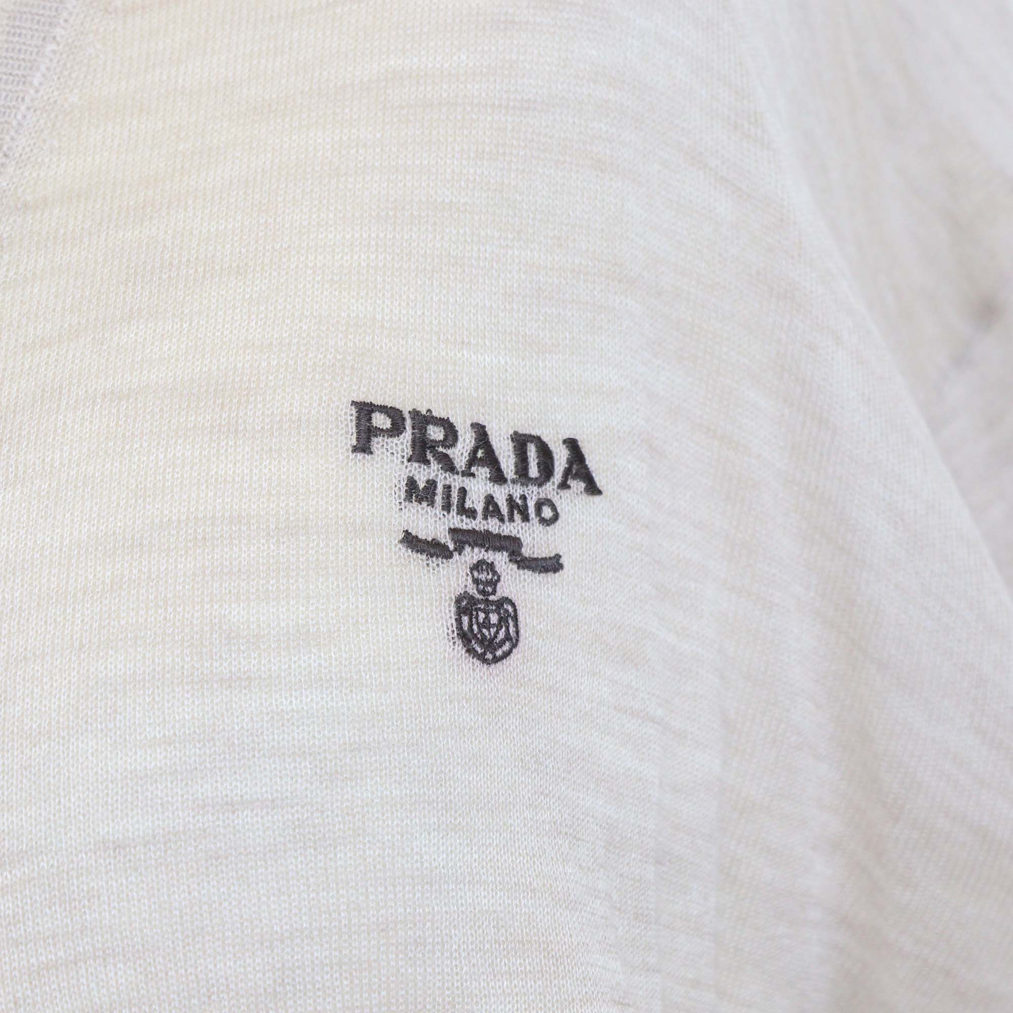 Prada Beige Wool Silk Blend Ribbed Knit Logo Embroidered Cardigan