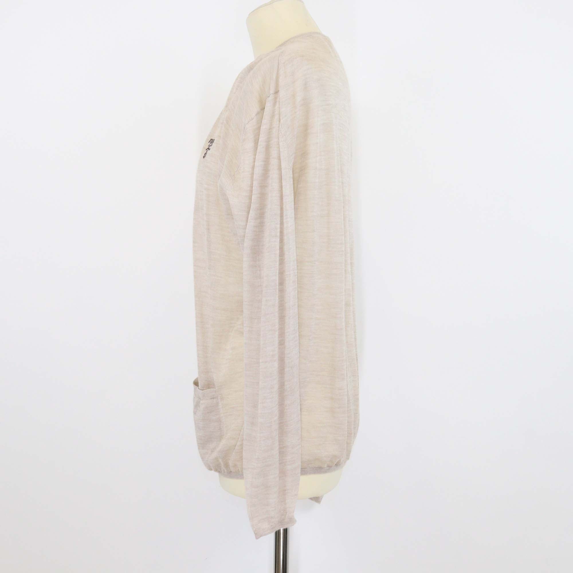 Prada Beige Wool Silk Blend Ribbed Knit Logo Embroidered Cardigan