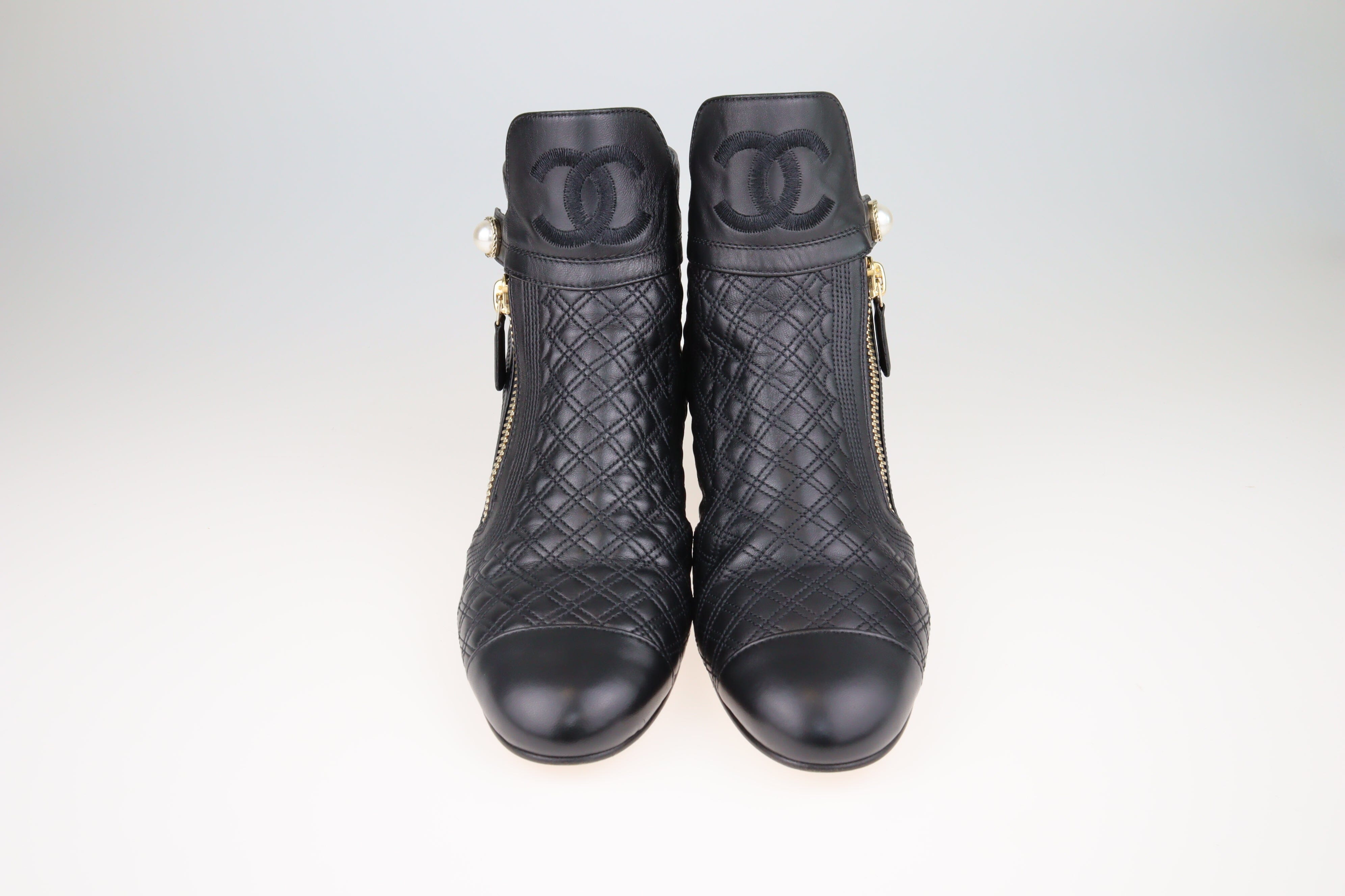 Black Quilted Pearl Embellished Ankle Boots Shoes Chanel 