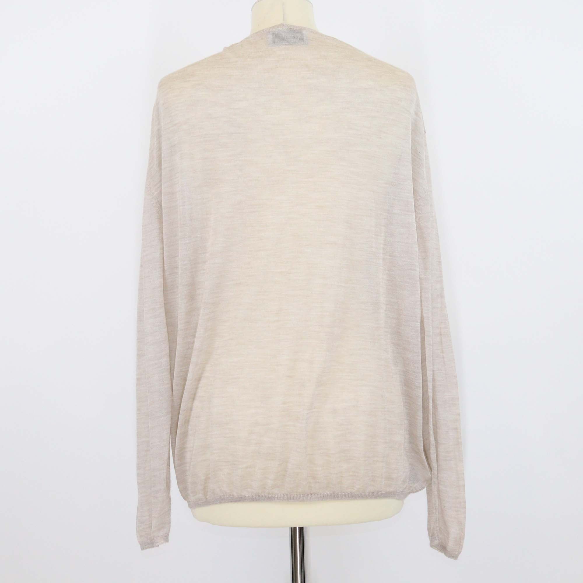 Prada Beige Wool Silk Blend Ribbed Knit Logo Embroidered Cardigan