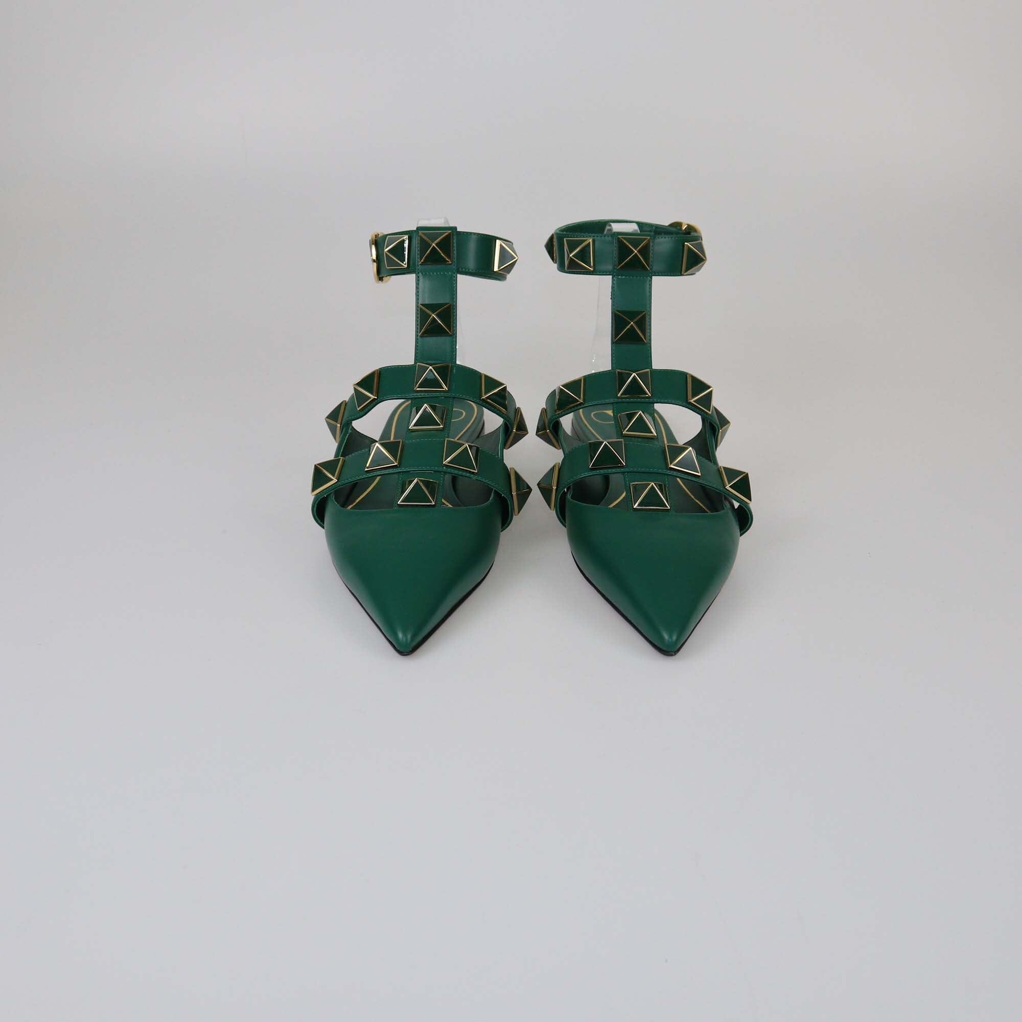 Valentino Green Roman Stud Pointed Toe Flat Sandals Womens Valentino