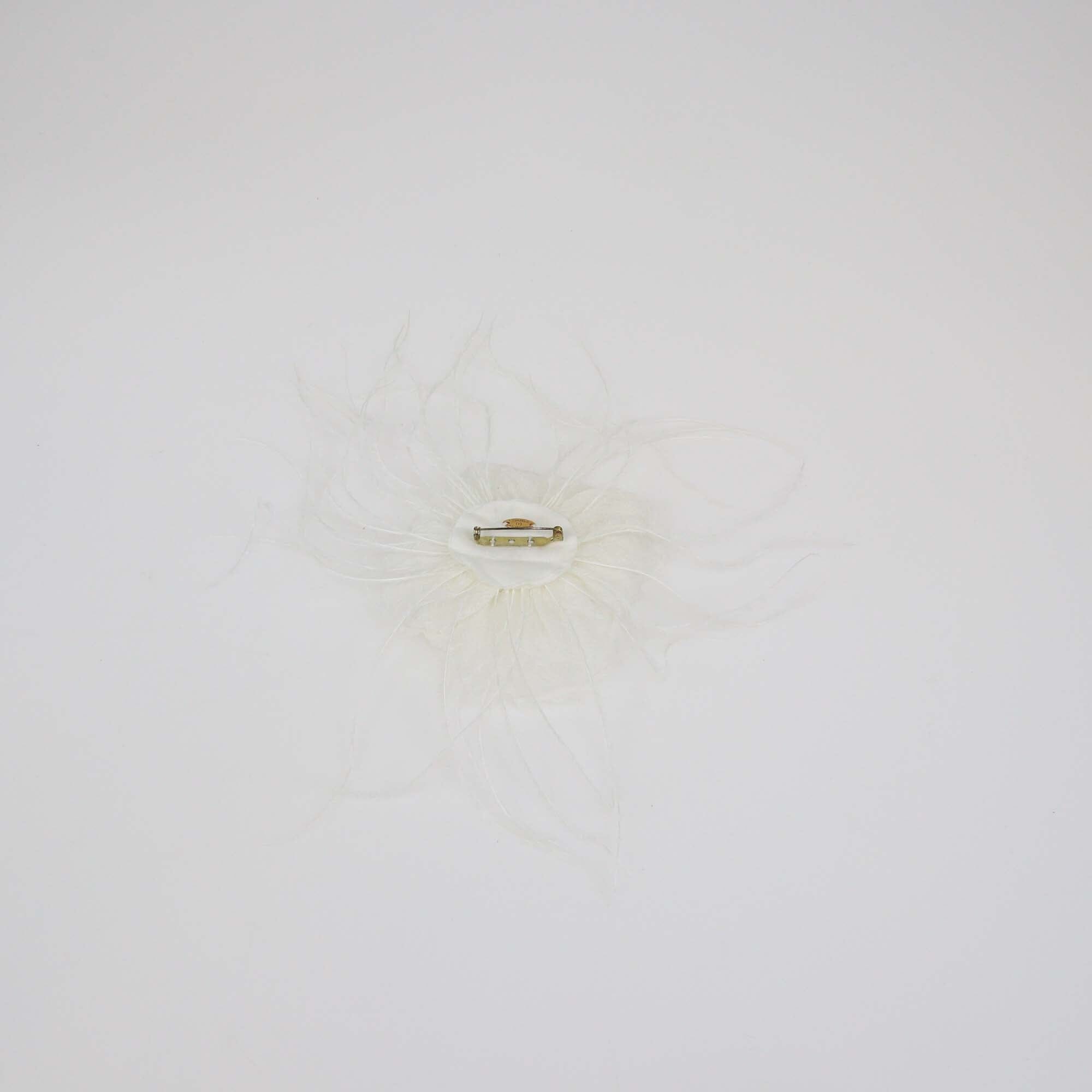 Chanel White Silk Ostrich Feather Camellia Brooch Womens Chanel