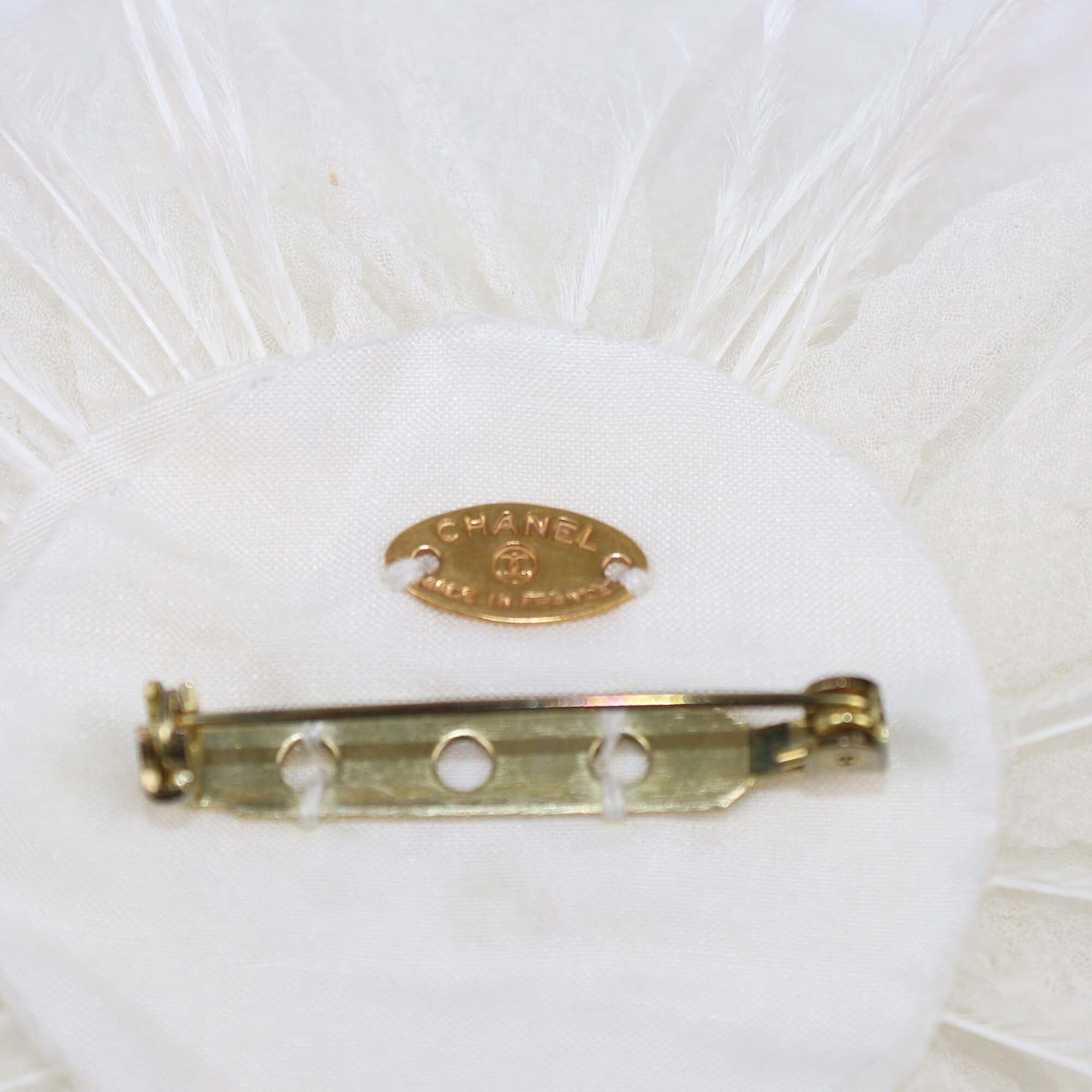 Chanel White Silk Ostrich Feather Camellia Brooch Womens Chanel