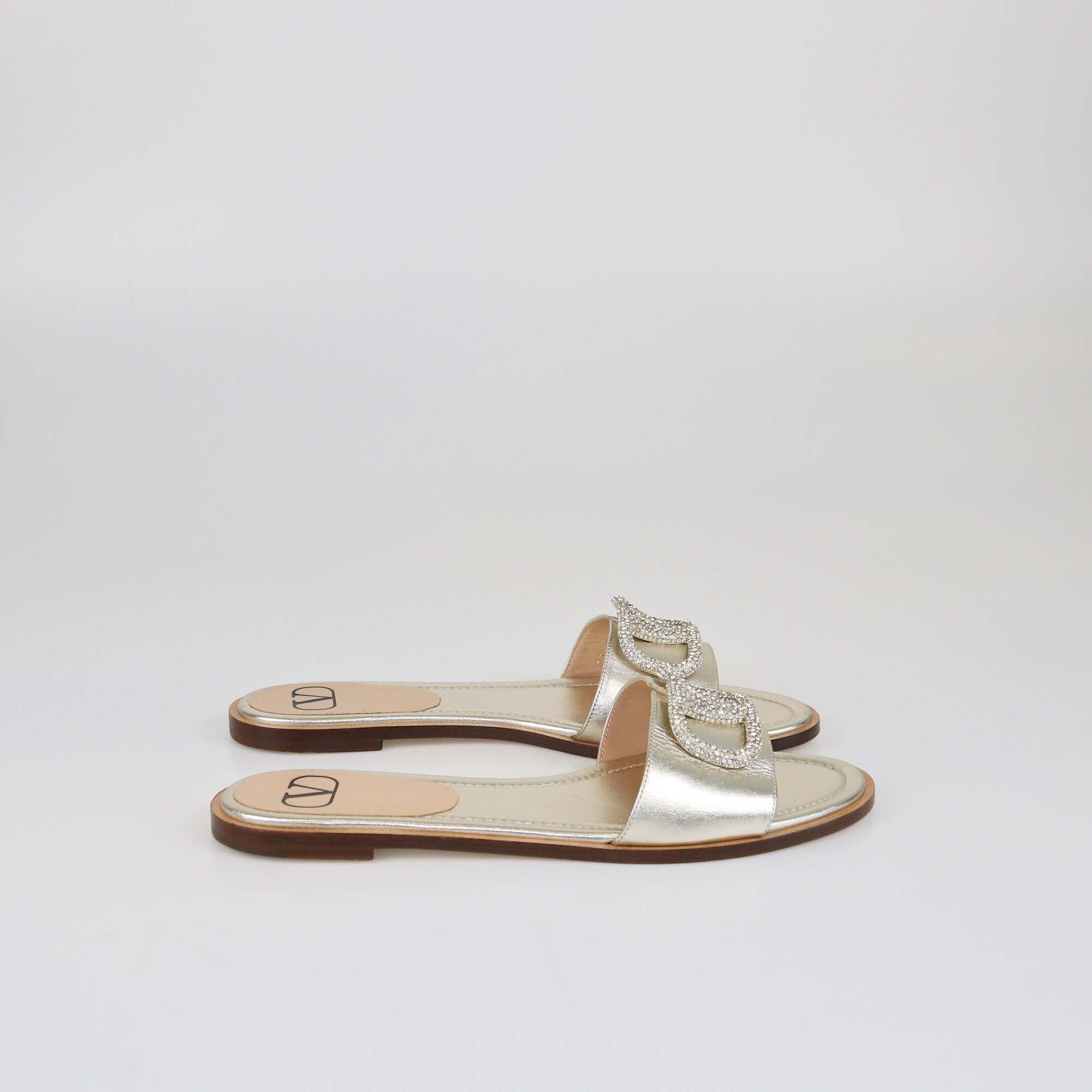 Valentino Light Gold VLogo Glow Signature Flat Slides Womens Valentino