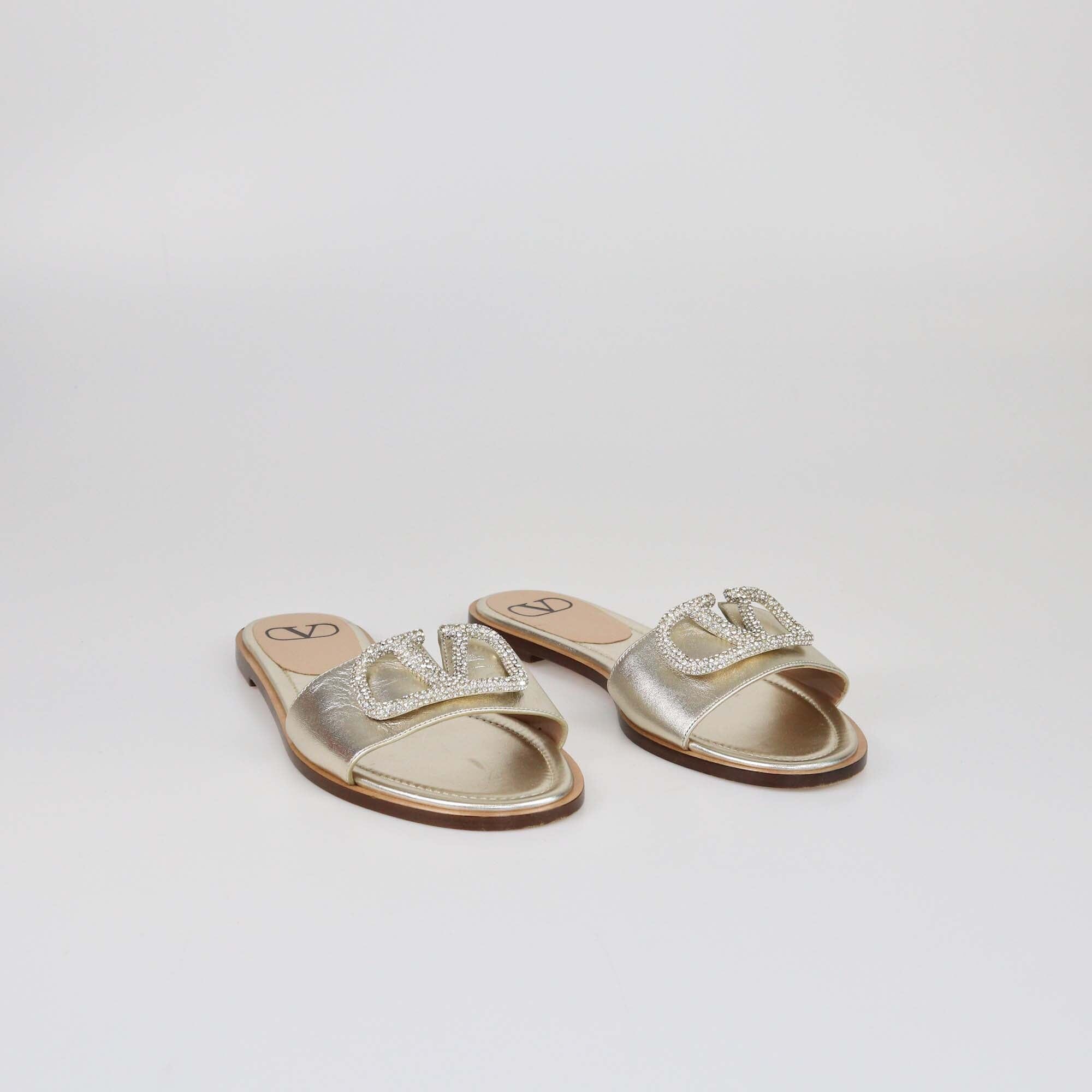 Valentino Light Gold VLogo Glow Signature Flat Slides Womens Valentino