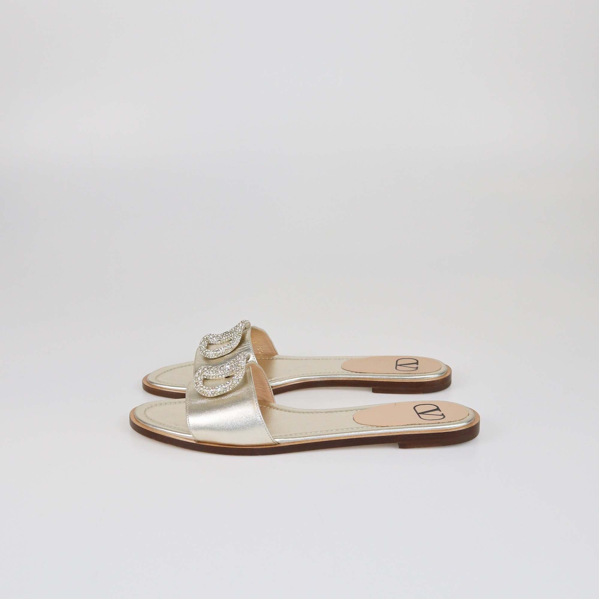 Valentino Light Gold VLogo Glow Signature Flat Slides Womens Valentino