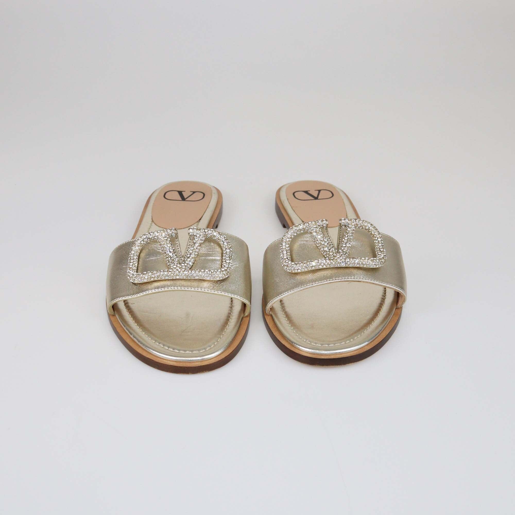 Valentino Light Gold VLogo Glow Signature Flat Slides Womens Valentino