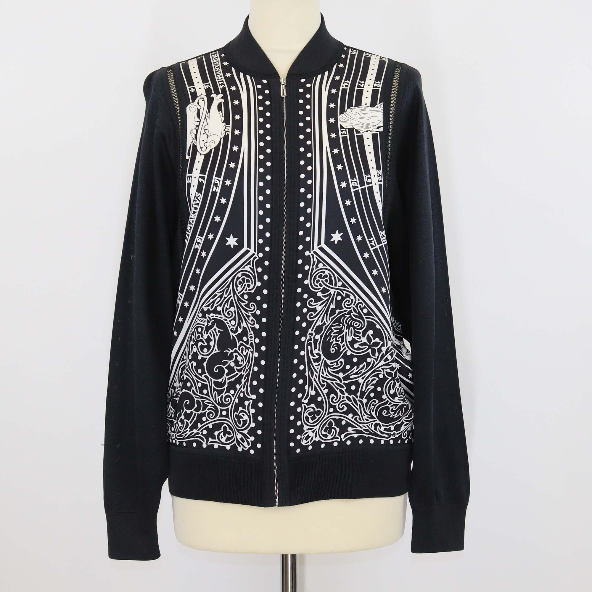 Hermes Black Silk Blended Zodiac Astrology Print Zip Up Long Sleeve Sweater