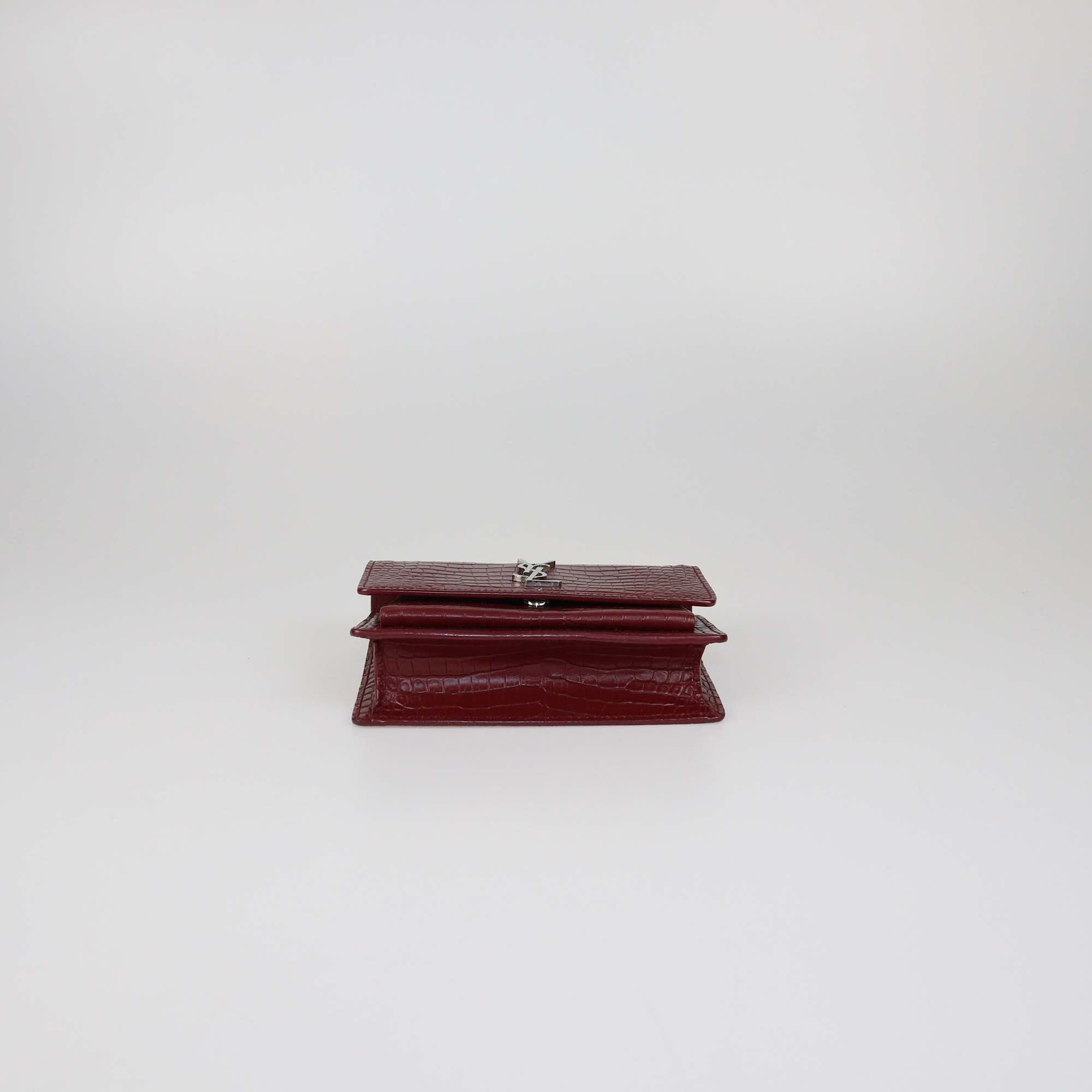 Saint Laurent Burgundy Croc Embossed Leather Mini Sunset Chain Bag