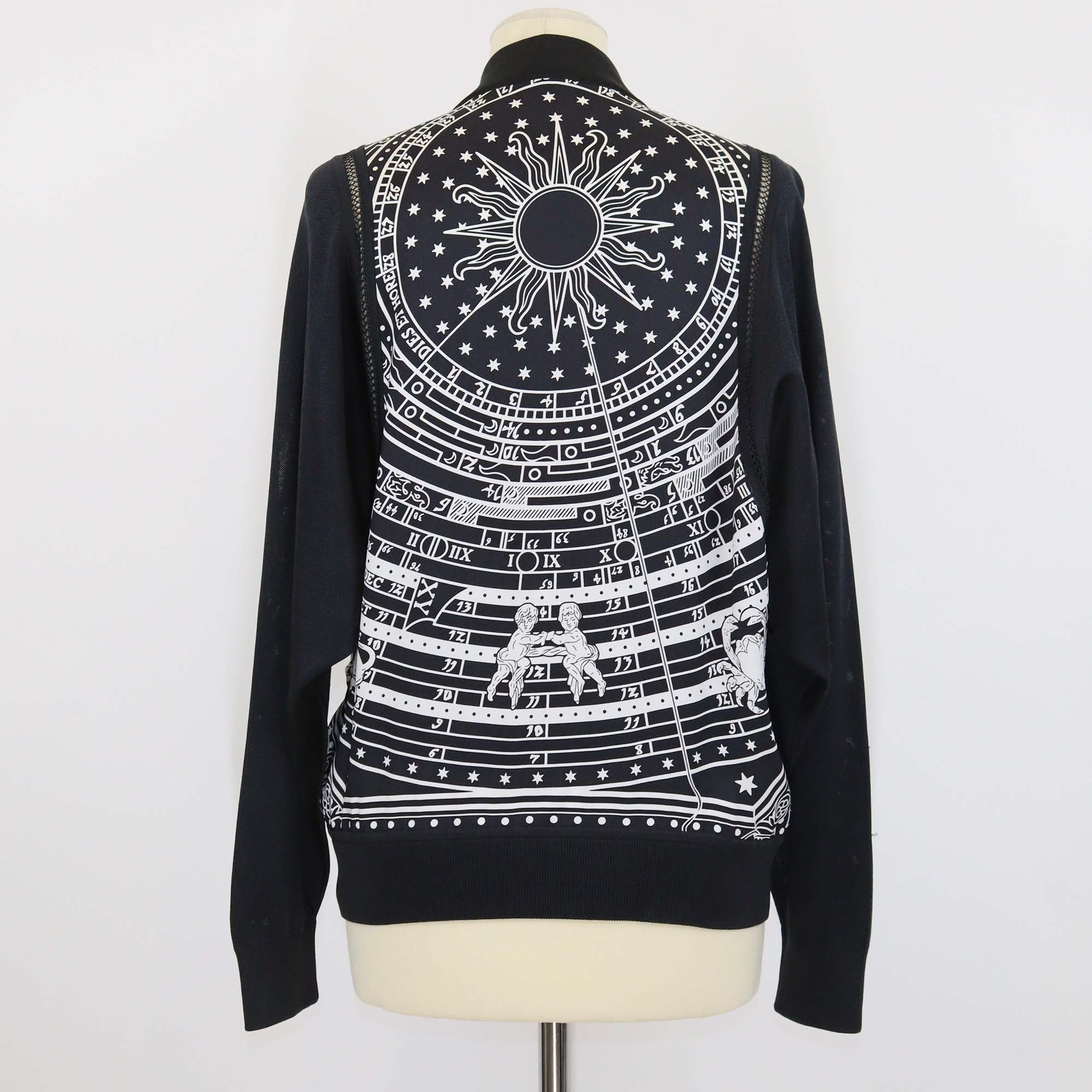 Hermes Black Silk Blended Zodiac Astrology Print Zip Up Long Sleeve Sweater