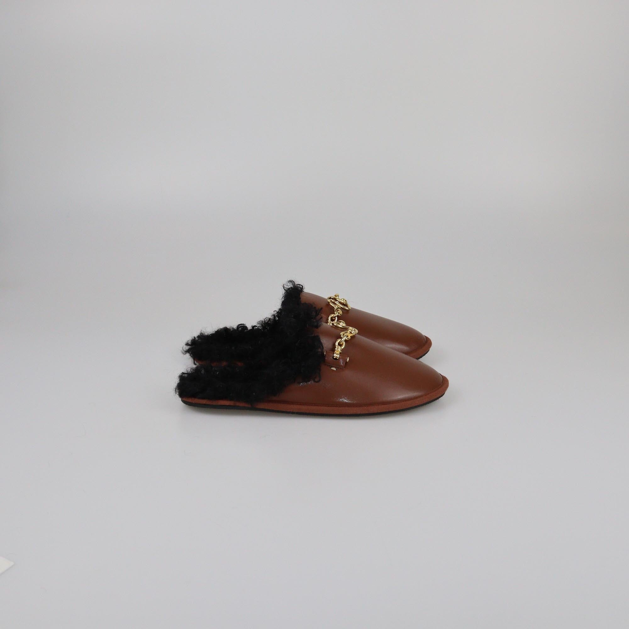 Stella McCartney Brown Teddy-Trimmed Chain Detail Flat Mules Womens Stella McCartney