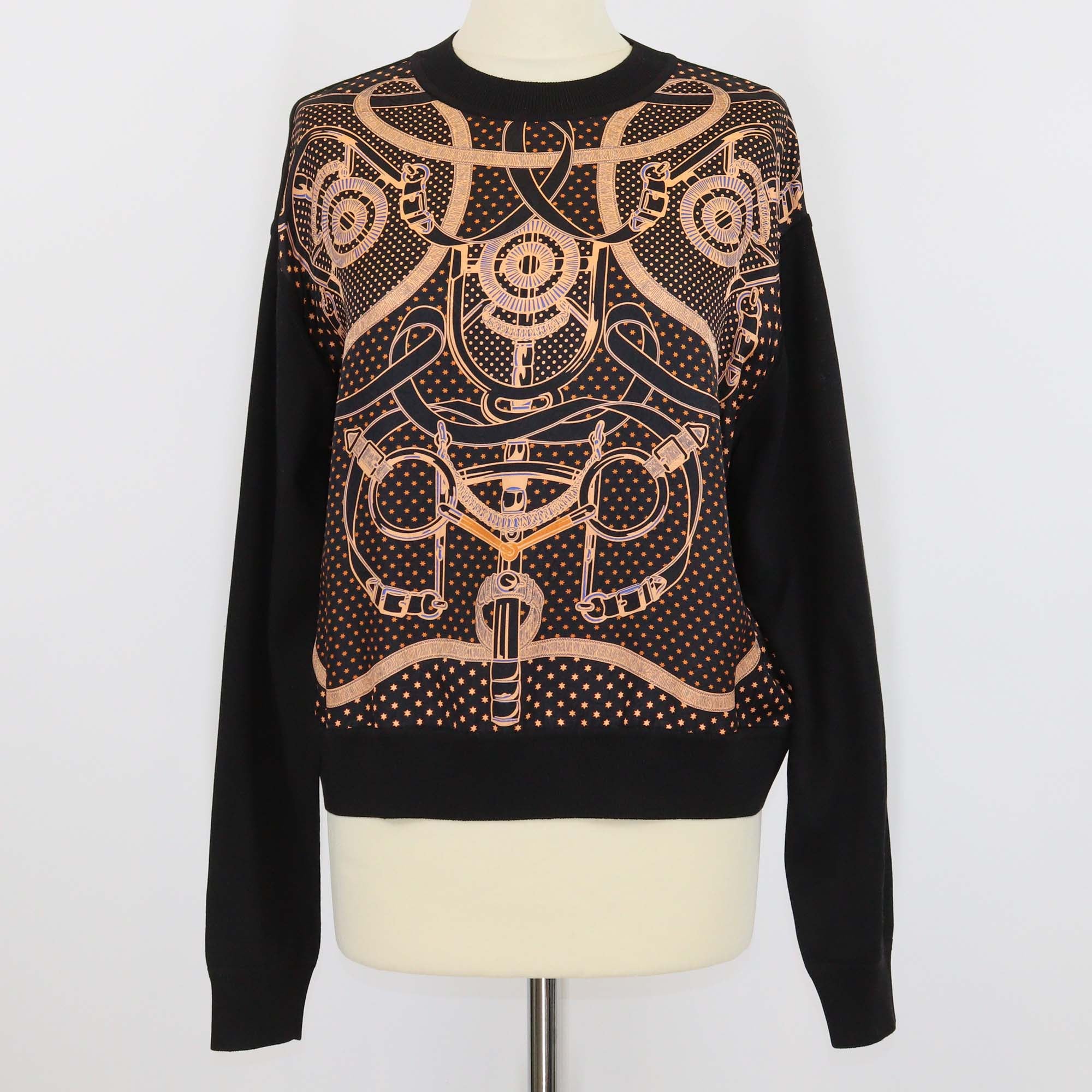 Hermes Black Silk Blended Eperon dOr Bandana Print Long Sleeve Sweater