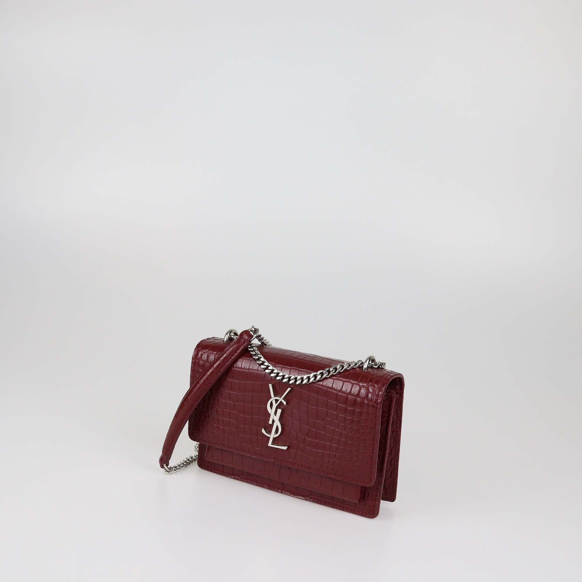 Saint Laurent Burgundy Croc Embossed Leather Mini Sunset Chain Bag