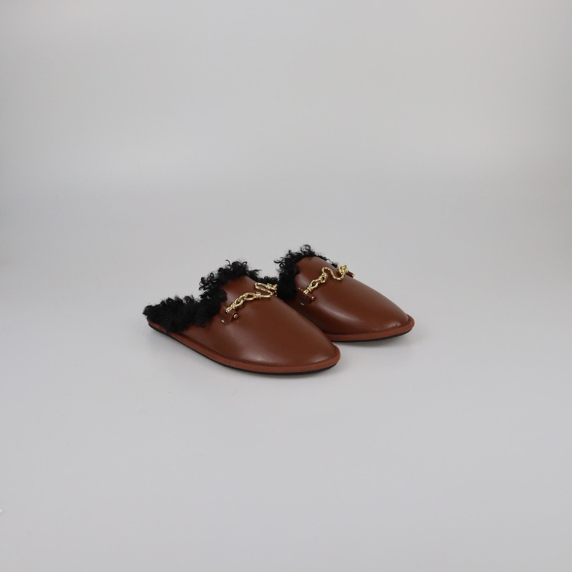 Stella McCartney Brown Teddy-Trimmed Chain Detail Flat Mules Womens Stella McCartney