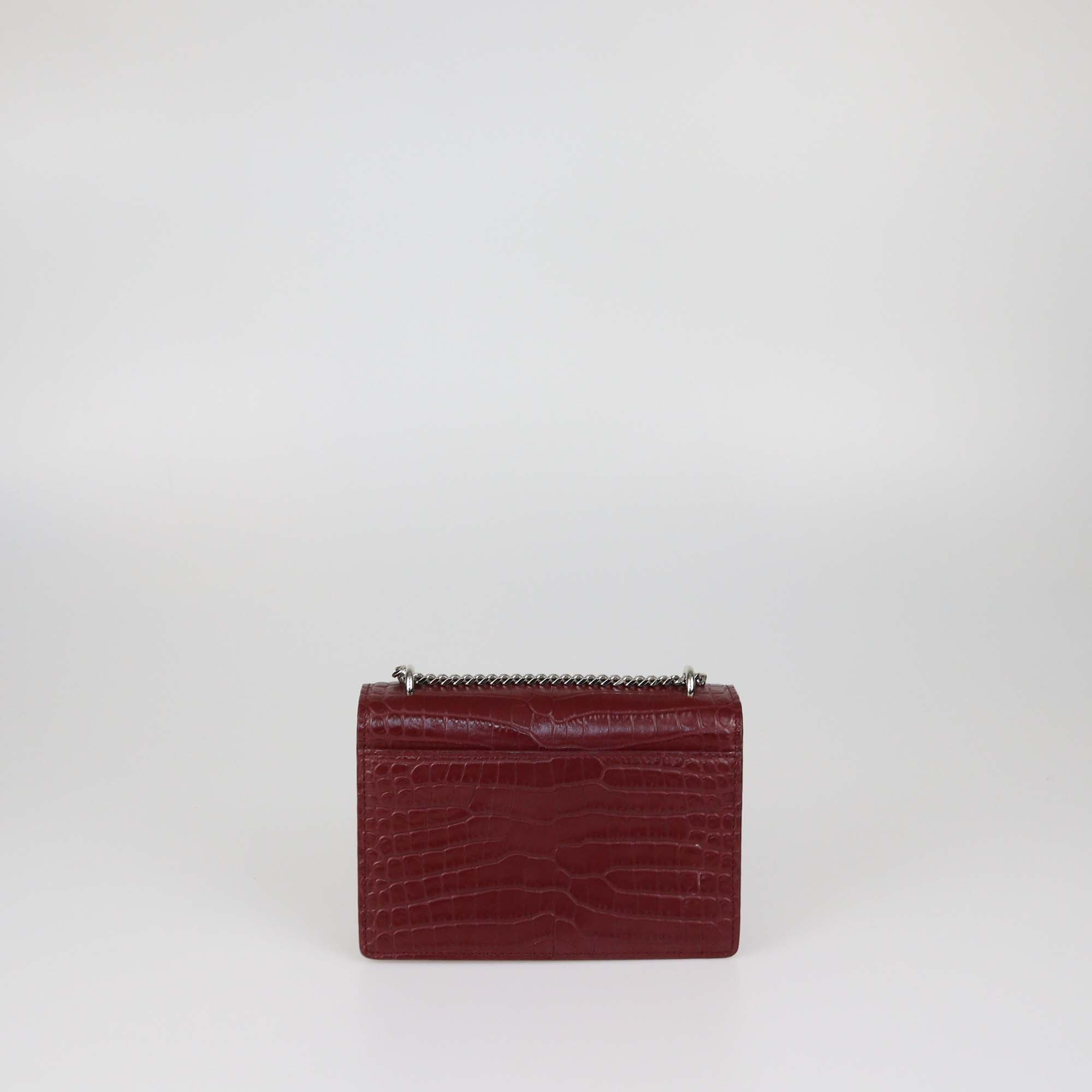 Saint Laurent Burgundy Croc Embossed Leather Mini Sunset Chain Bag