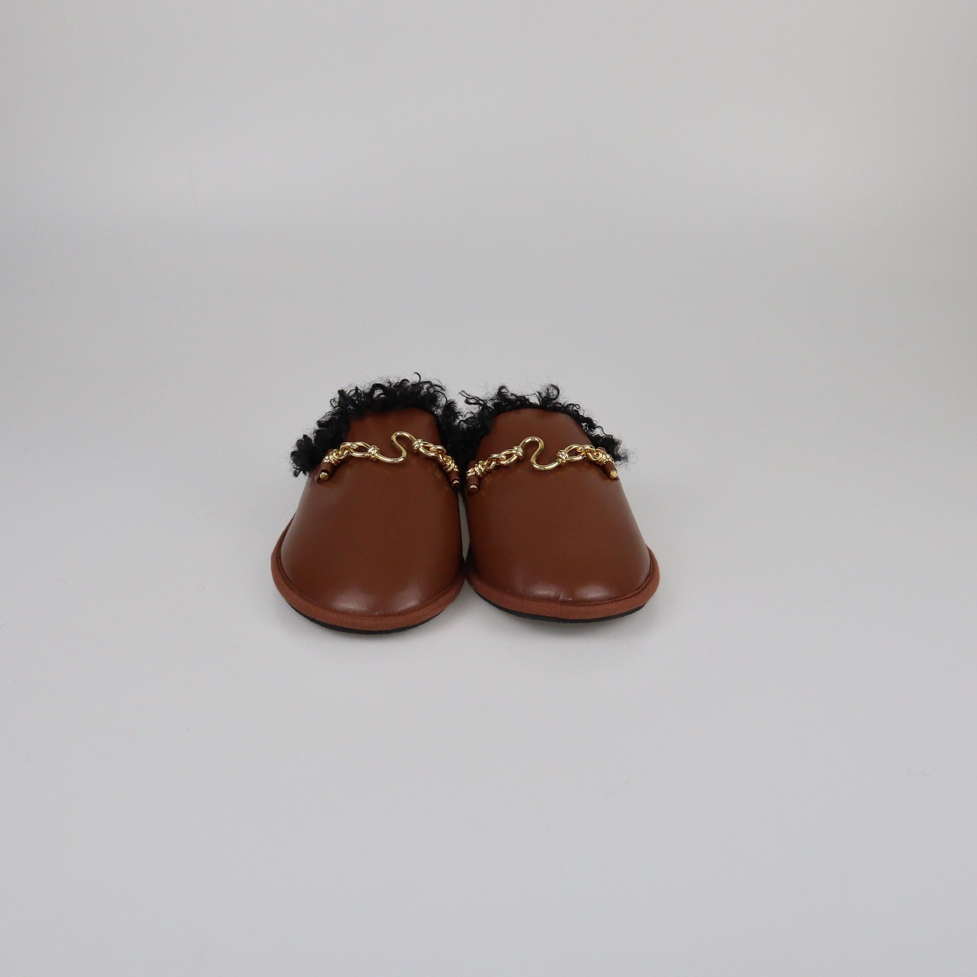 Stella McCartney Brown Teddy-Trimmed Chain Detail Flat Mules Womens Stella McCartney