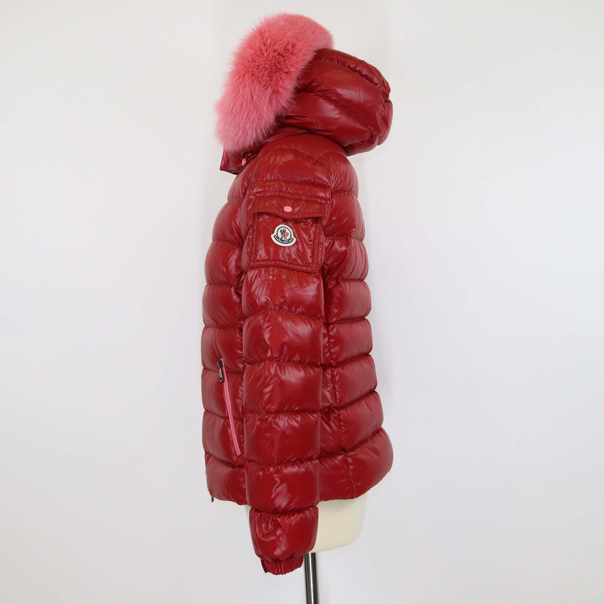 Moncler Red/Pink Nylon and Fur Puffer Hoodie Jacket