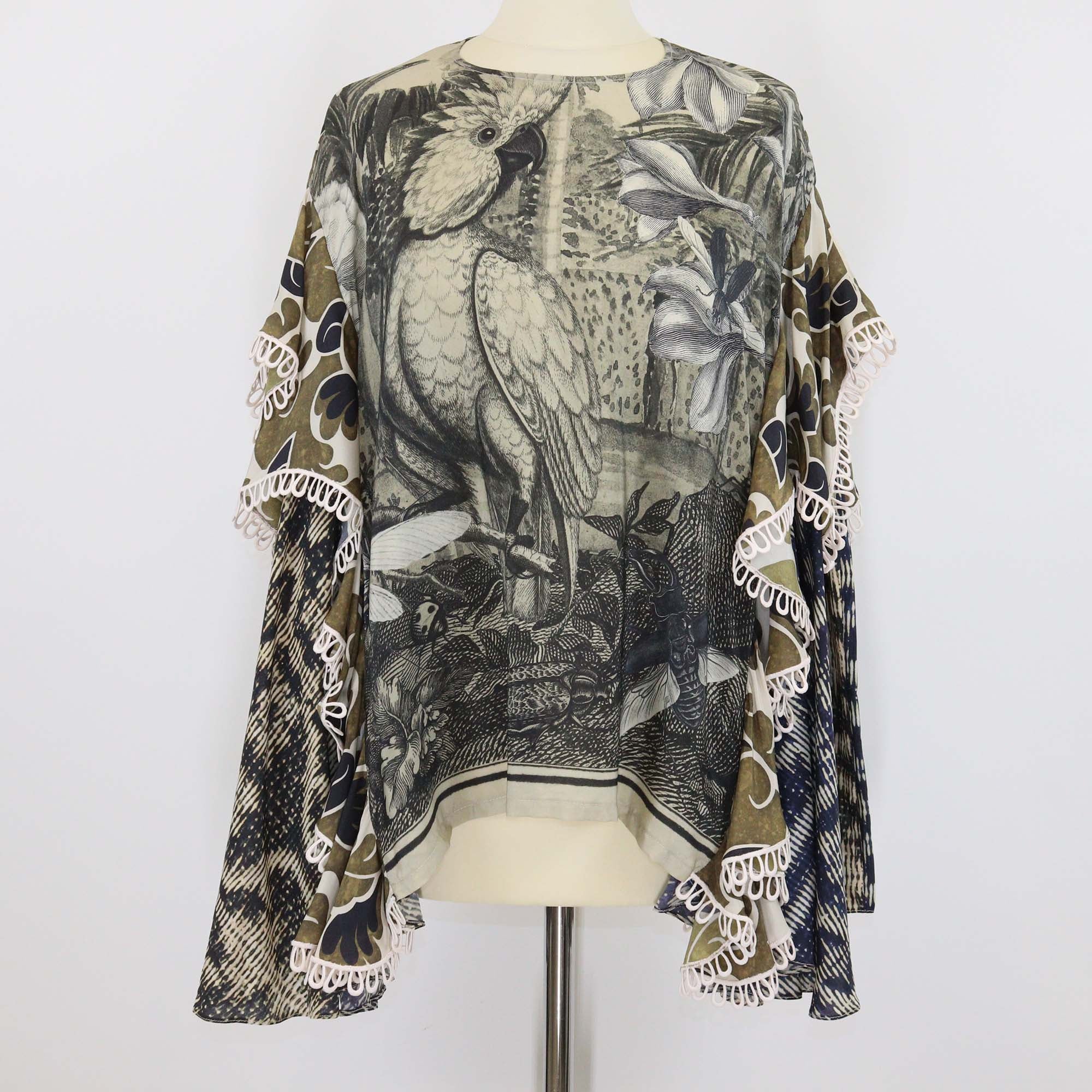 Biyan Green Silk Cockatoo Print Draped Sleeve Cape Top