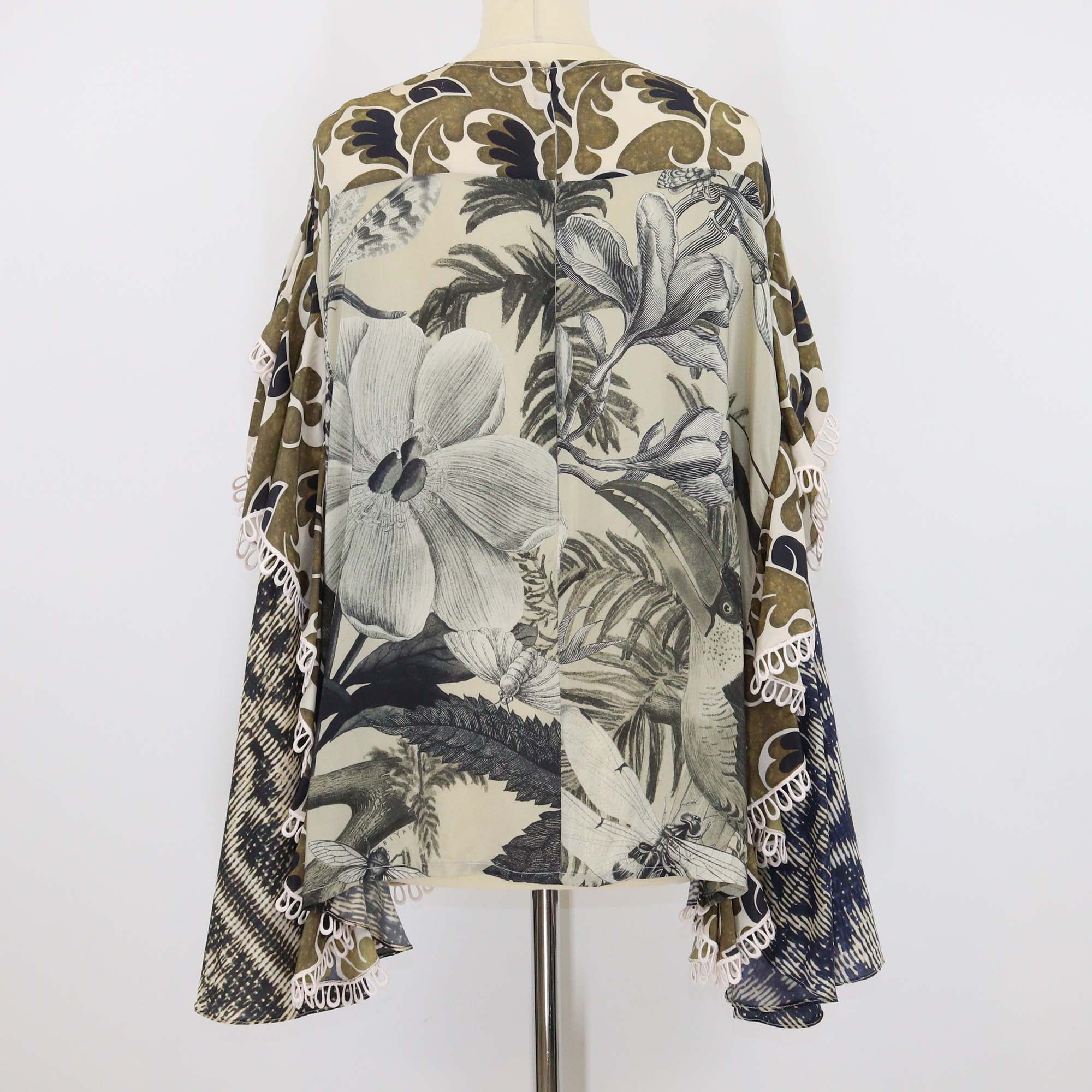 Biyan Green Silk Cockatoo Print Draped Sleeve Cape Top
