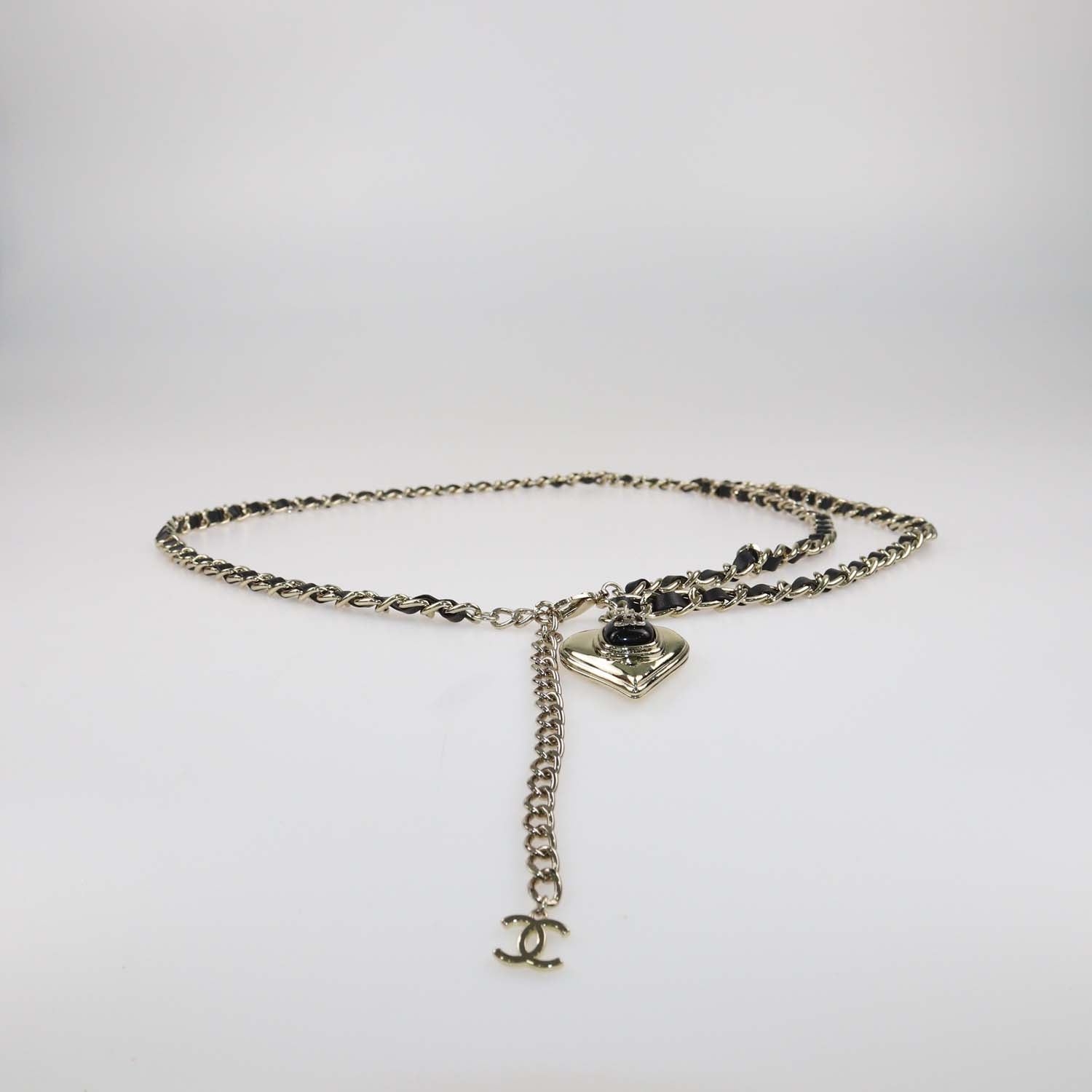 Chanel Black Enamel And Lambskin Leather Gold Tone Metal CC Heart Chain Belt